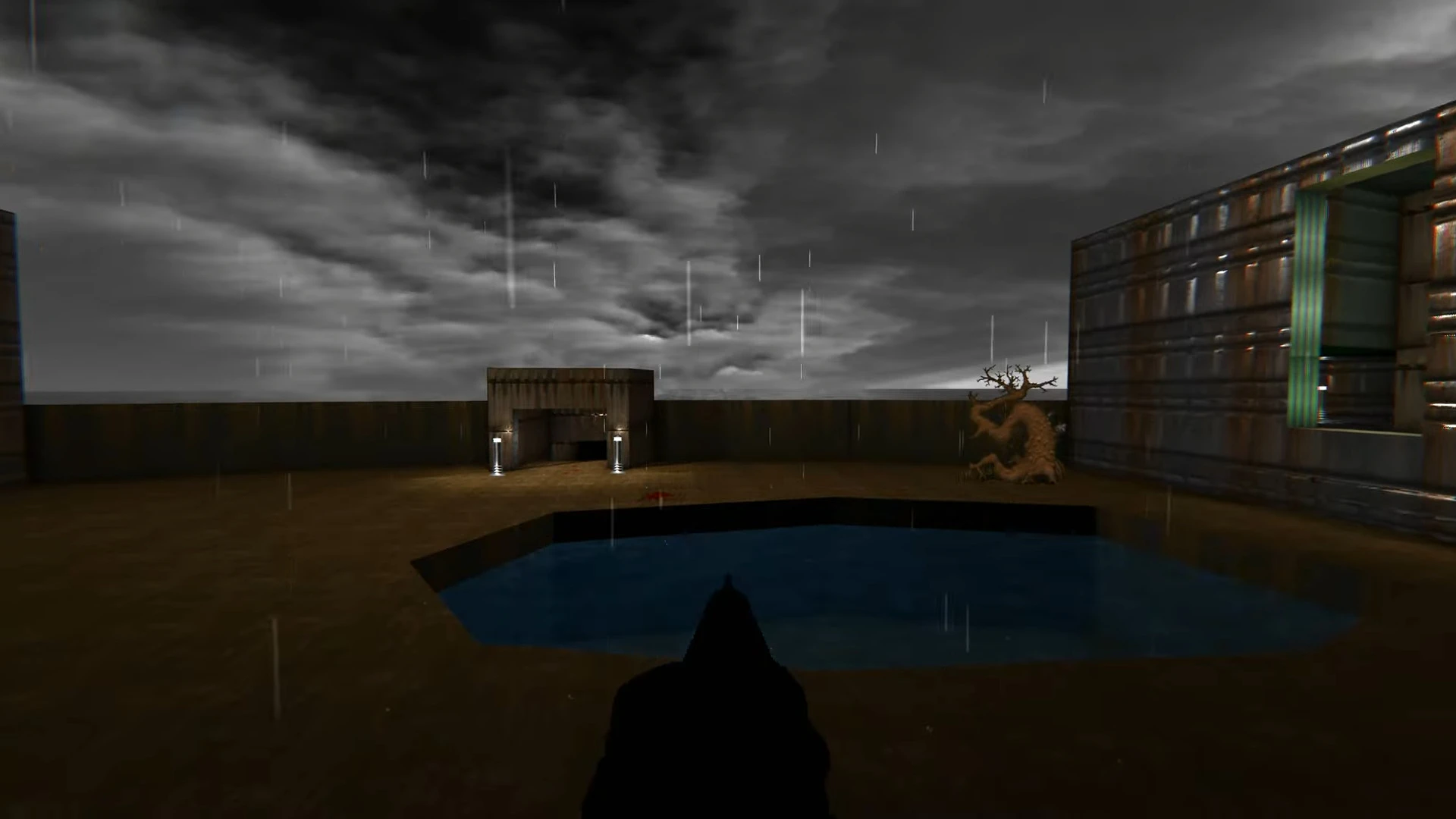 First-person view of Doom 1993 map on UZDoom engine showing rainy outdoor area with pool and dark cloudy sky