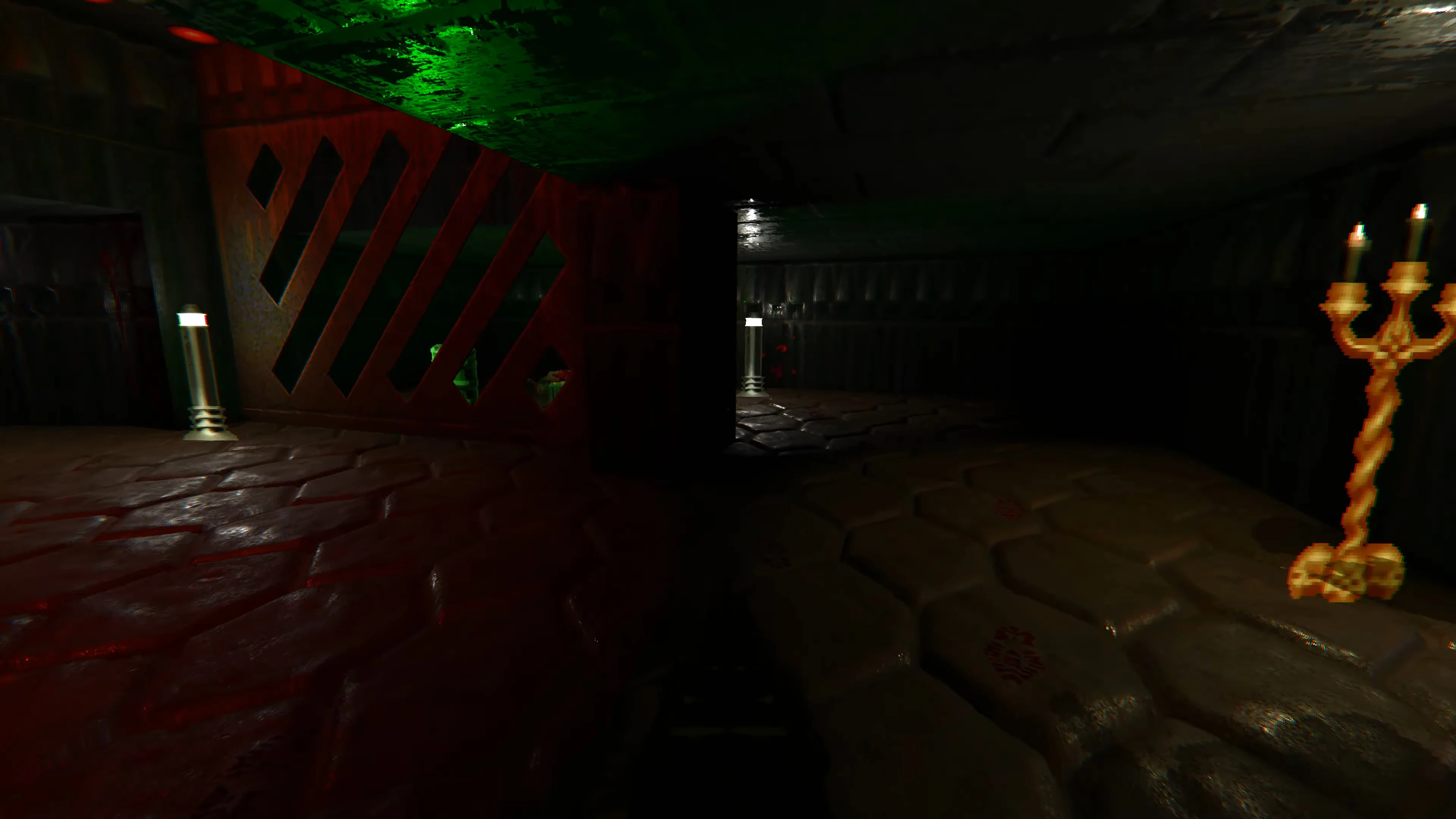 Dimly lit room with stone floor, candles, and green and red lighting effects in Doom 1993 via UZDoom