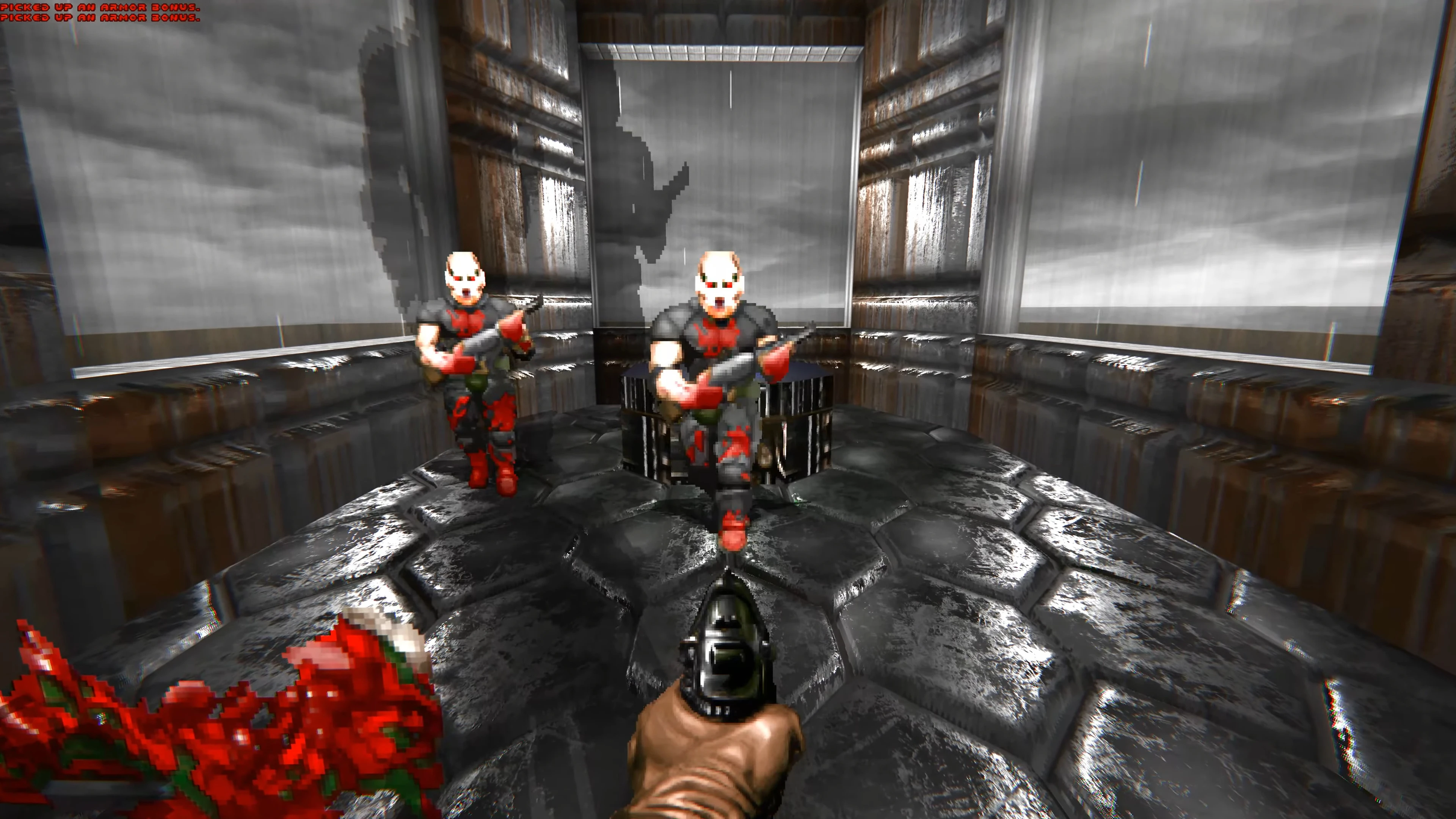 First-person view shooting pixelated enemies with UZDoom enhancements in Doom 1993
