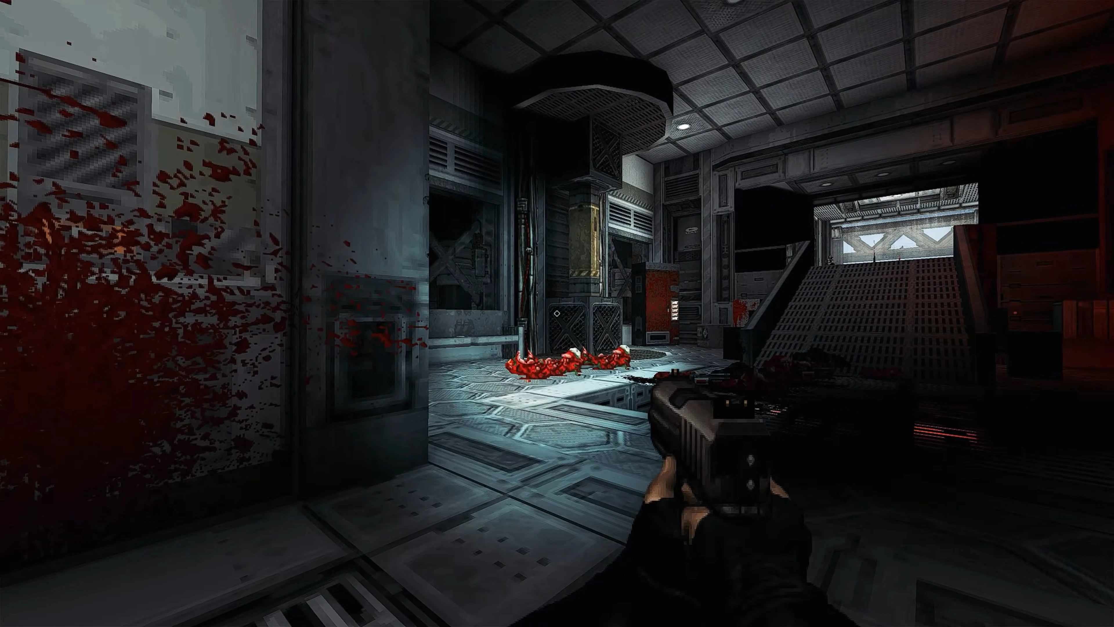 Player holding a shotgun in a dark industrial sci-fi corridor with blood splatter in Doom 1993 using UZDoom