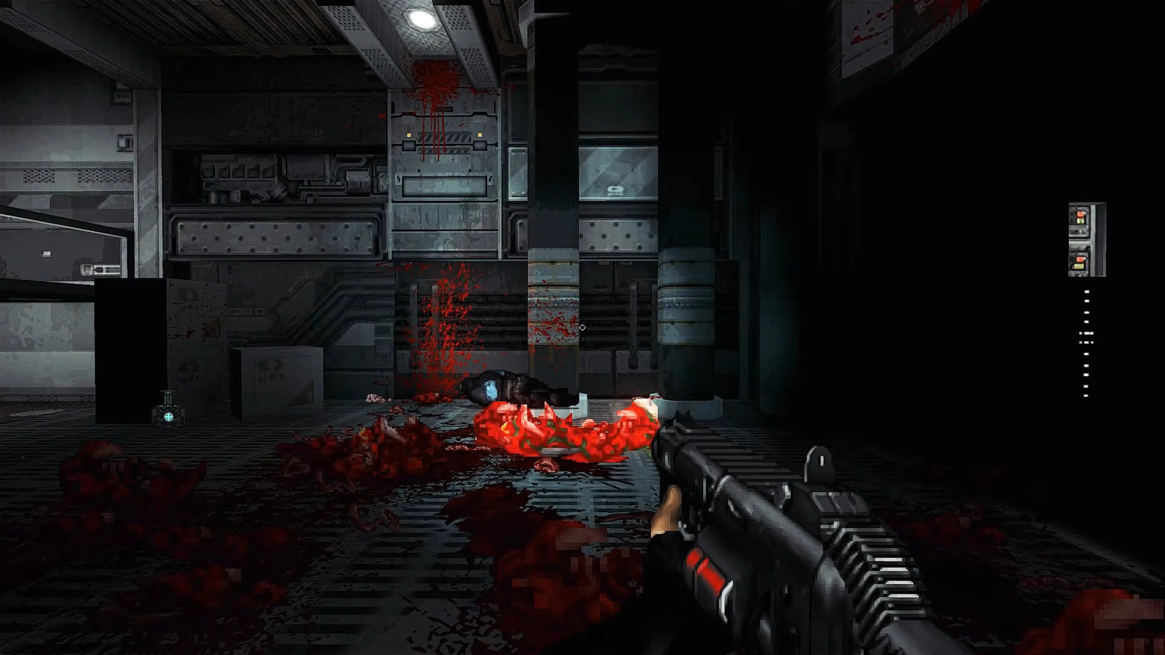 First-person view of Doom 1993 using UZDoom engine showing a futuristic corridor with blood splatters and a weapon