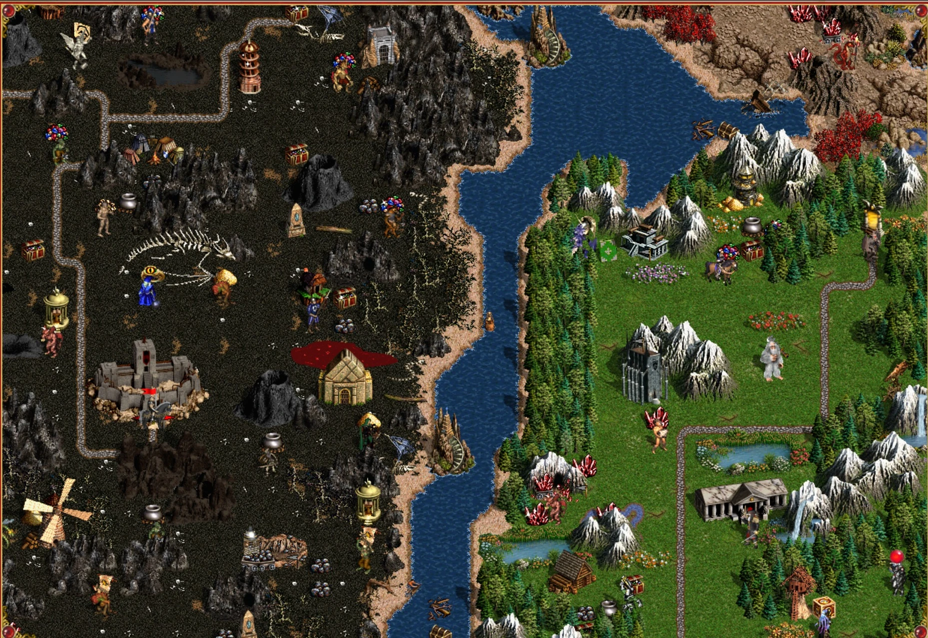 Split screen showing contrasting dark volcanic and lush green map terrains in Heroes of Might and Magic III using VCMI engine