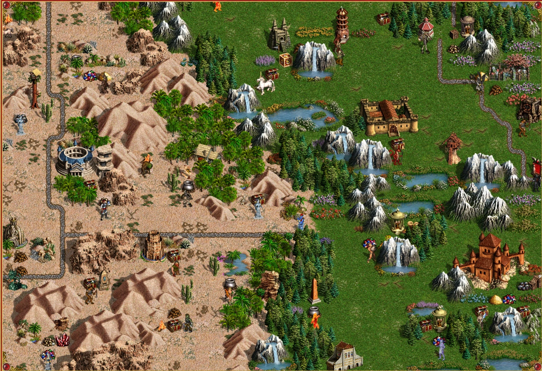 Screenshot of a detailed world map from Heroes of Might and Magic III showing towns, mountains, forests, and heroes in VCMI engine
