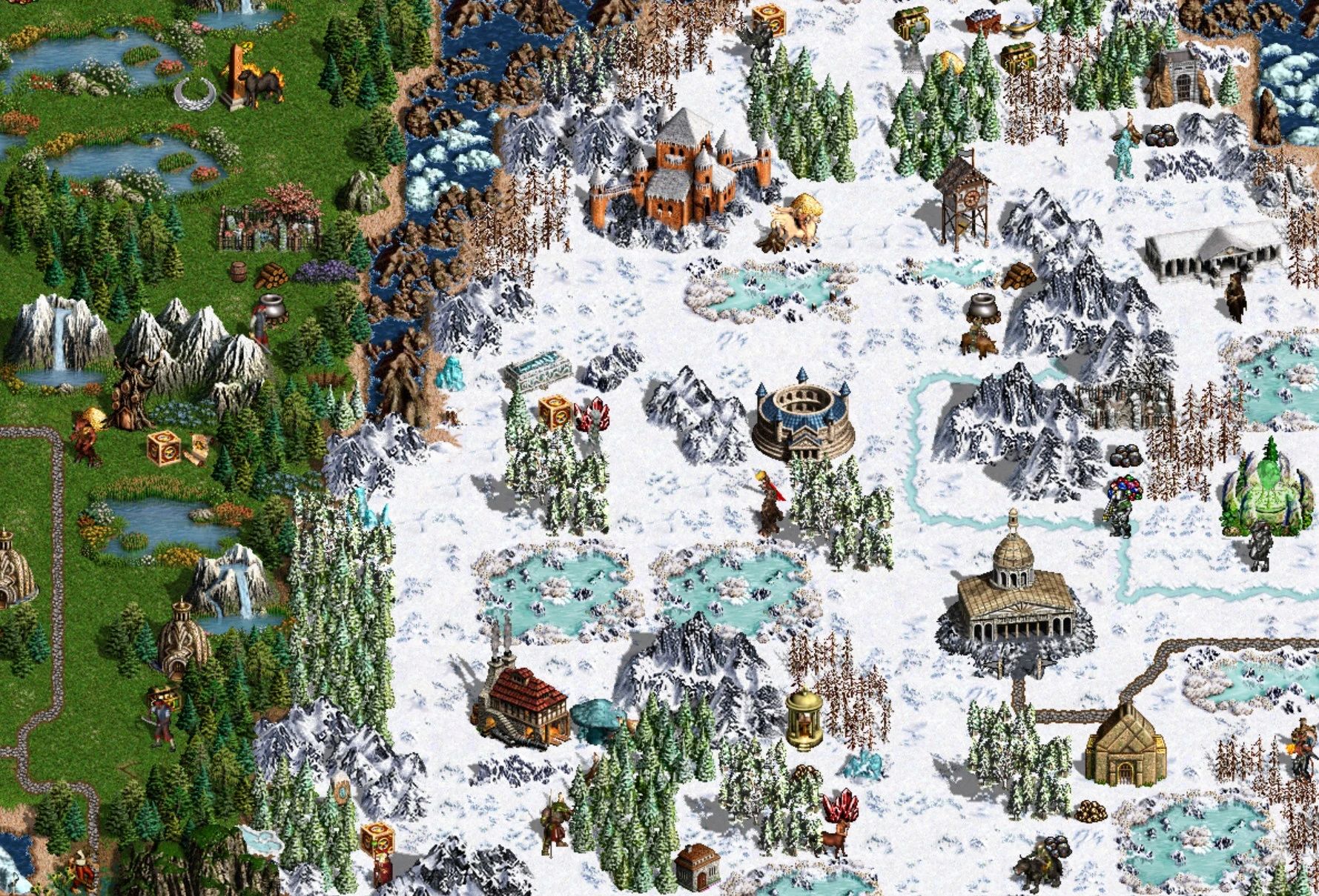 Screenshot from Heroes of Might and Magic III using VCMI engine depicting a detailed snowy and green forests map with buildings and characters