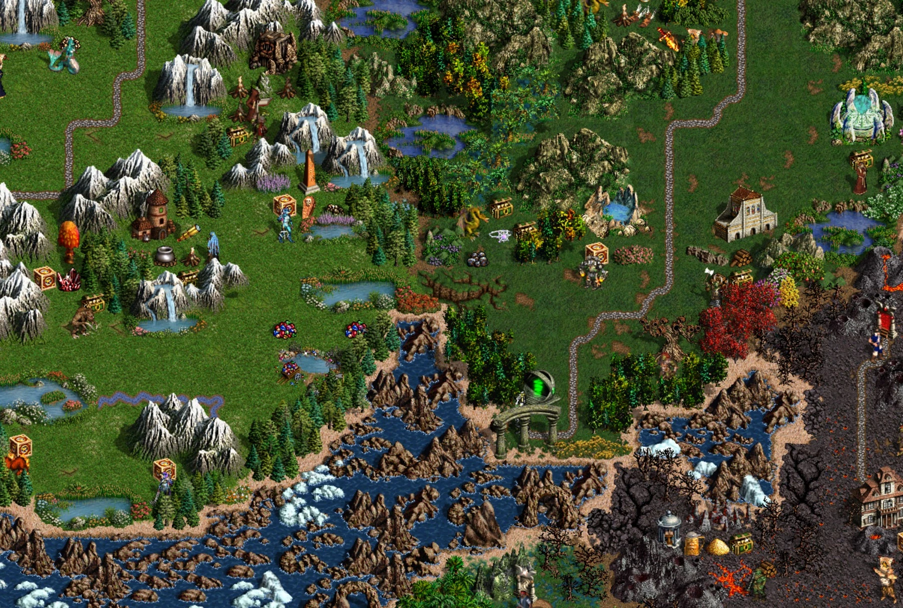 Screenshot of a detailed landscape map with mountains, forests, roads, and fantasy creatures in Heroes of Might and Magic III via VCMI engine