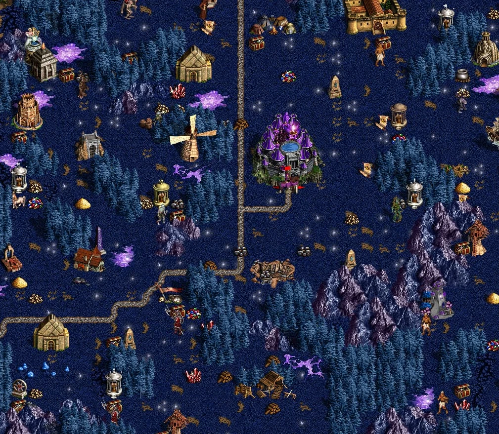 Screenshot of Heroes of Might and Magic III gameplay showing a dark blue fantasy map with buildings, roads, and characters