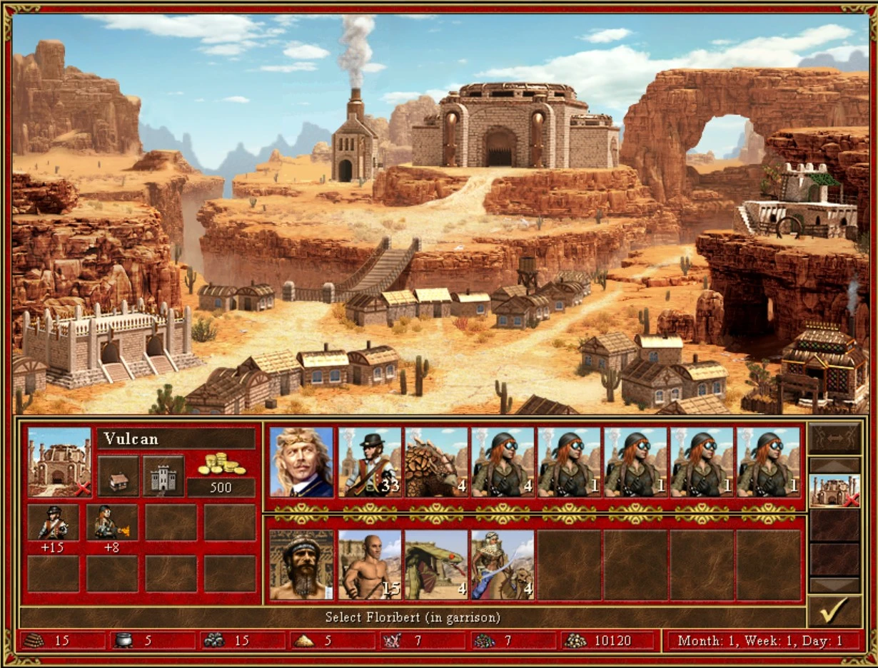 Screenshot of a desert town with reddish cliffs and buildings, showing hero army panel with units in Heroes of Might and Magic III VCMI engine