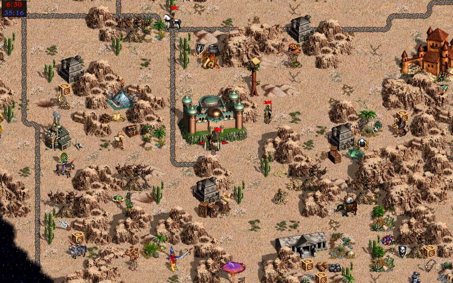 Top-down view of a desert map with castles, heroes, and various resources in Heroes of Might and Magic III using VCMI engine