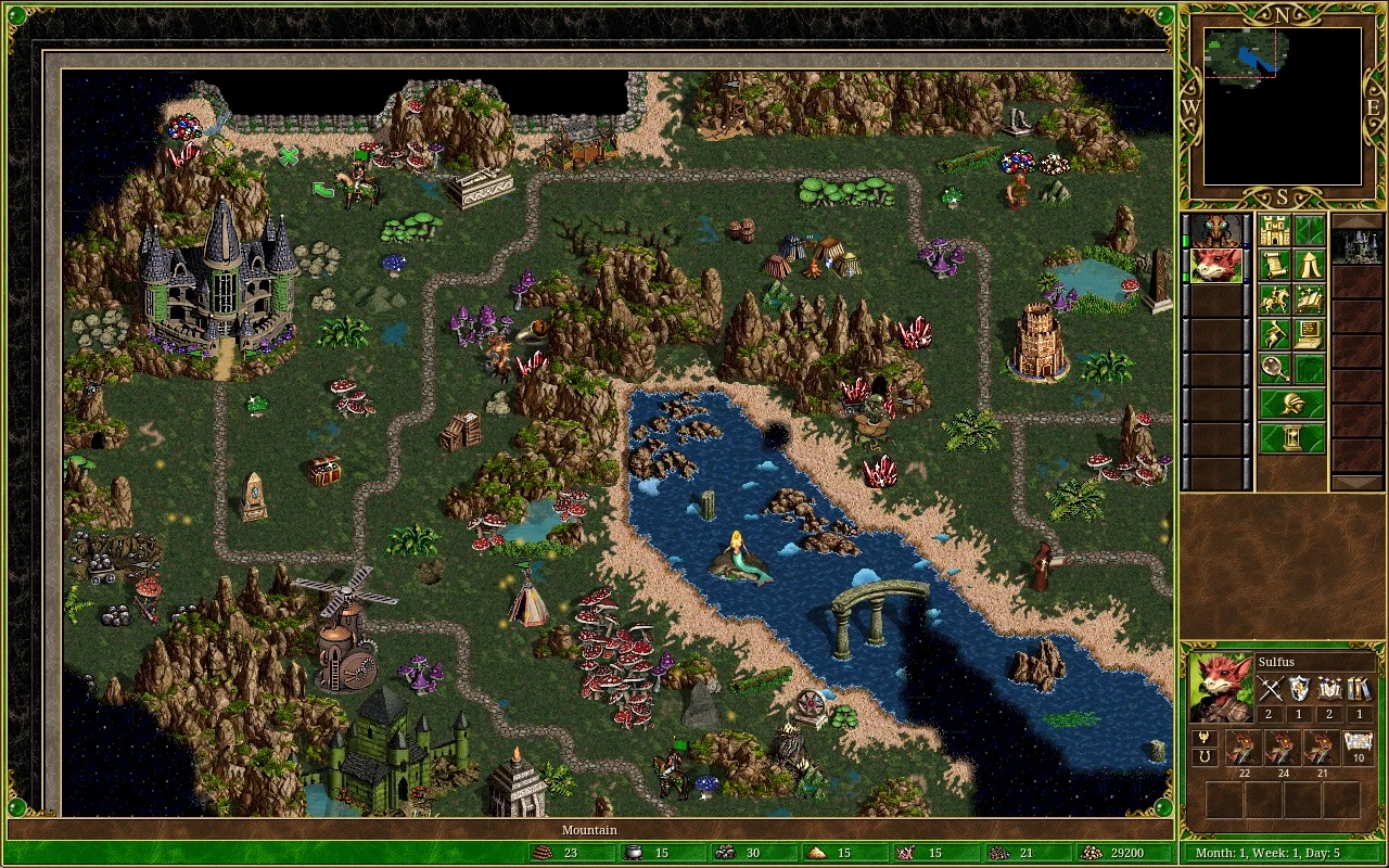 Screenshot of Heroes of Might and Magic III map with hero Sulfus and various terrain details using VCMI engine