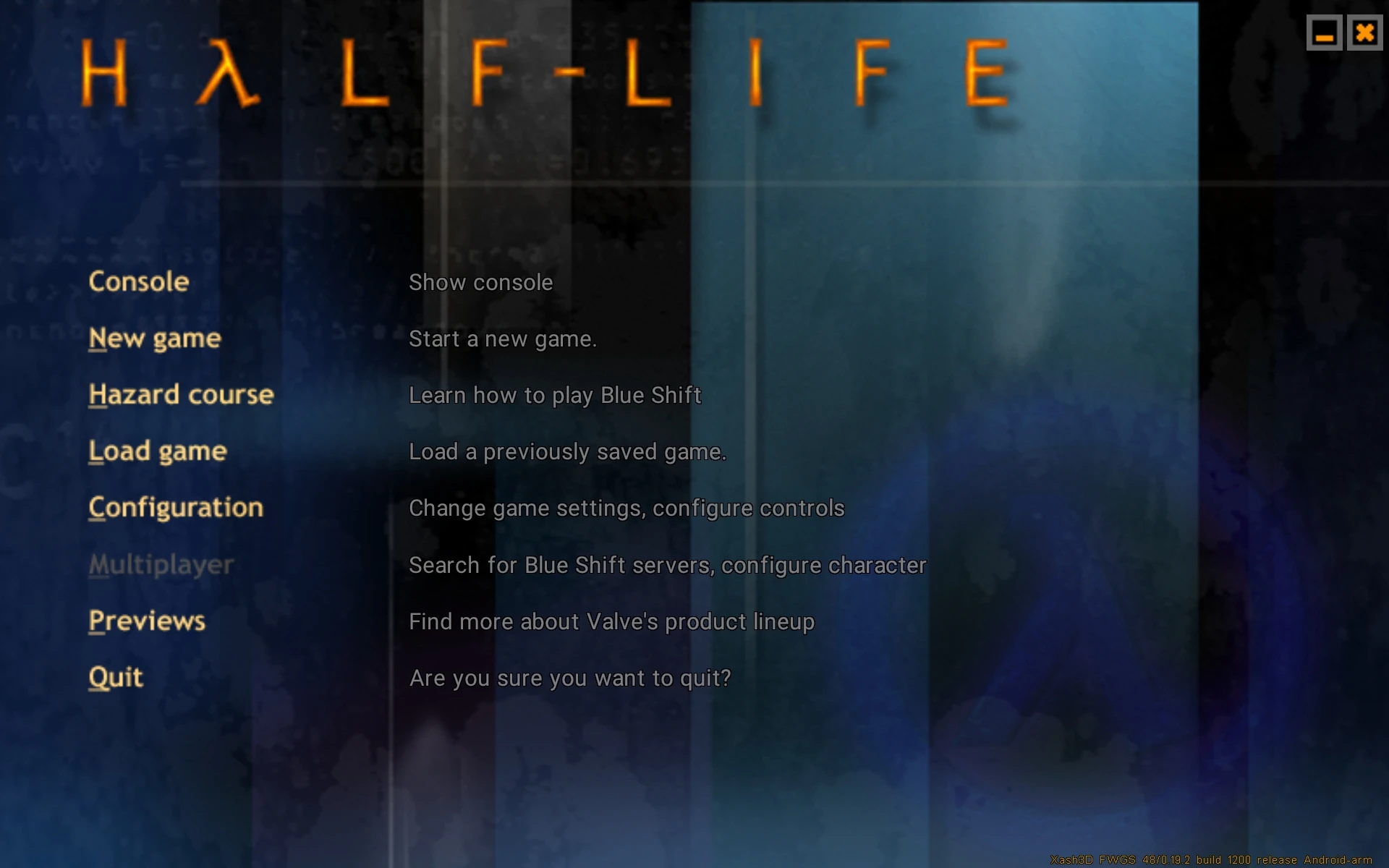 Скриншот главного меню Half-Life с синим фоном и оранжевым логотипом, запущенного через Xash3D FWGS