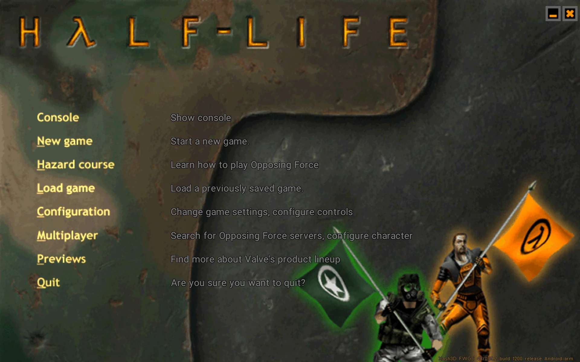 Главное меню Half-Life Opposing Force с фоном, где изображены солдаты и флаги, запущенное через Xash3D FWGS