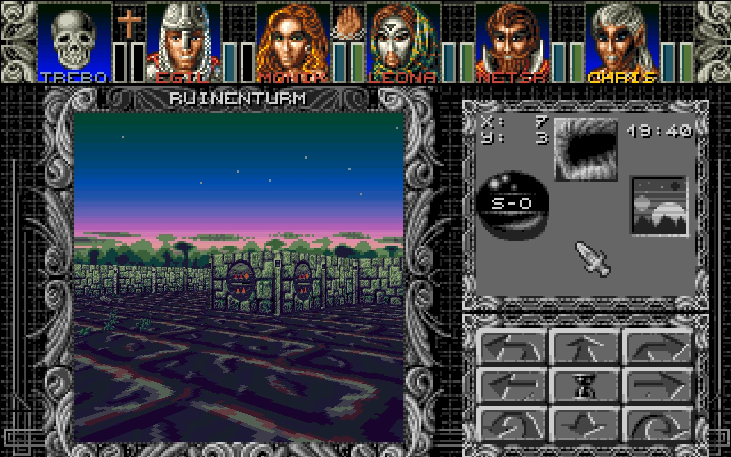 Screenshot des Ambermoon-Fangames mit Dungeon-Korridor, Partymitgliedporträts und Navigationsmenü