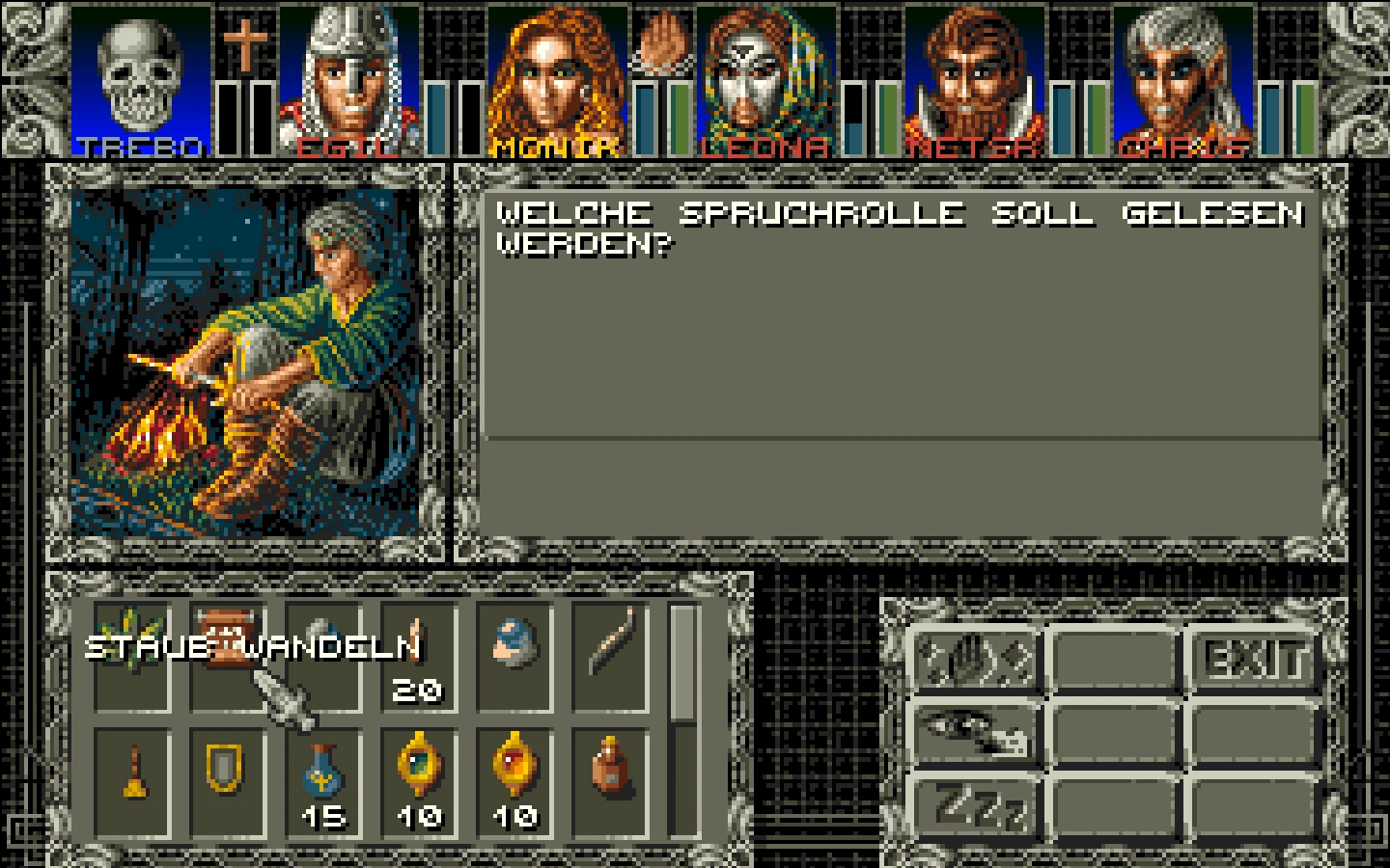 Ambermoon Spielbildschirm mit Charakterporträts, Inventar-Items und deutschem Text über das Lesen einer Schriftrolle