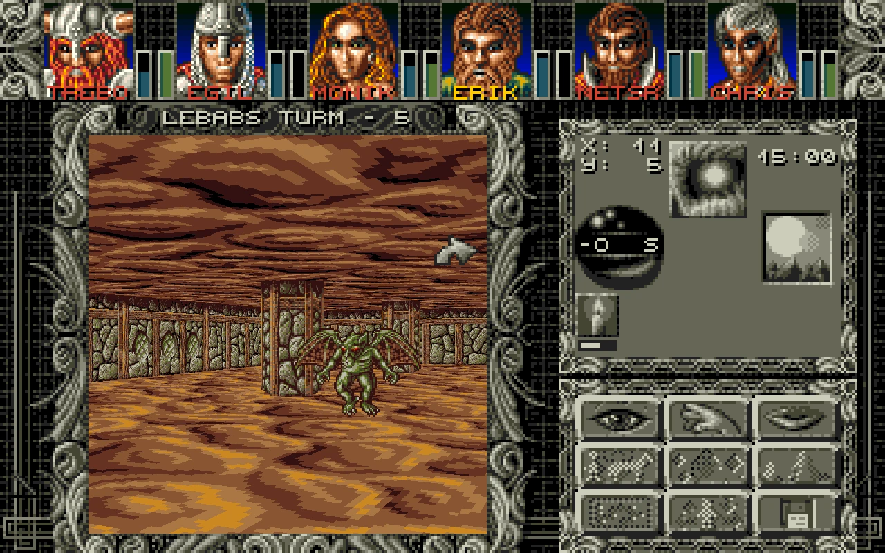 Screenshot eines pixelartigen Dungeons mit einem geflügelten Monster und Charakterporträts oben im Fan-Spiel Ambermoon