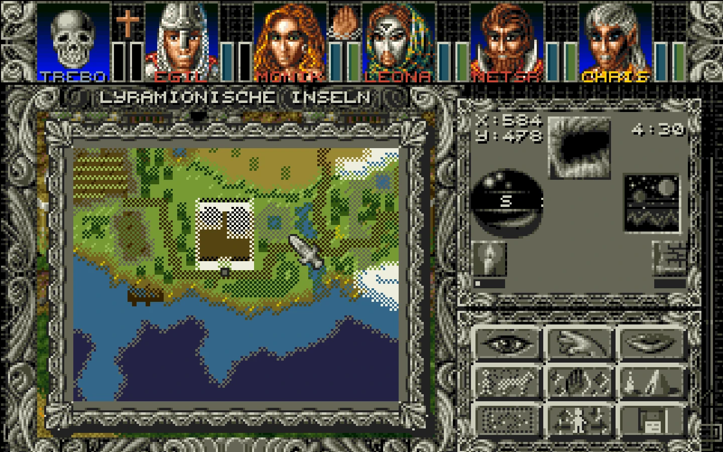 Ambermoon-Spielbildschirm mit Pixel-Art-Karte von Lyramionische Inseln sowie Charakterporträts und Statistiken