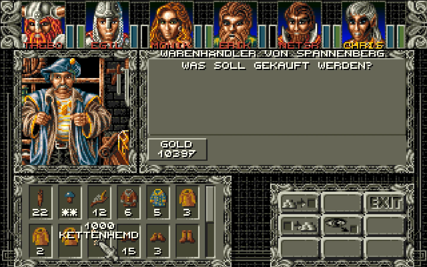 Ambermoon Screenshot mit Händler-Verkaufsbildschirm, Charakterporträts, Inventargegenständen und Goldmenge
