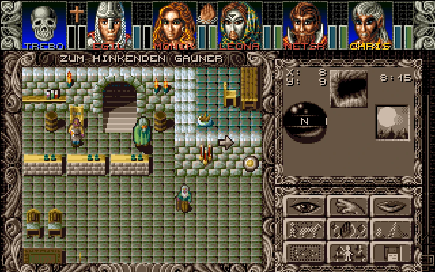 Ambermoon-Spielinterface mit Charakterporträts, Dungeon-Innenansicht und Karte