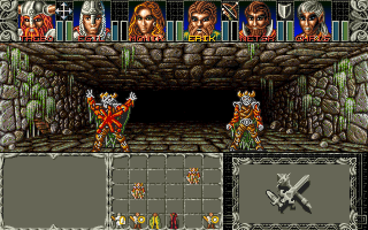 Pixelart-Kampfinterface zeigt Helden, die gegen Skelett-Krieger in einem Dungeon-Flur kämpfen
