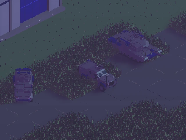 Widok z góry na porośnięte pojazdy na parkingu w Command & Conquer: Generals, pokazujący mieszankę projektów wojskowych i cywilnych.