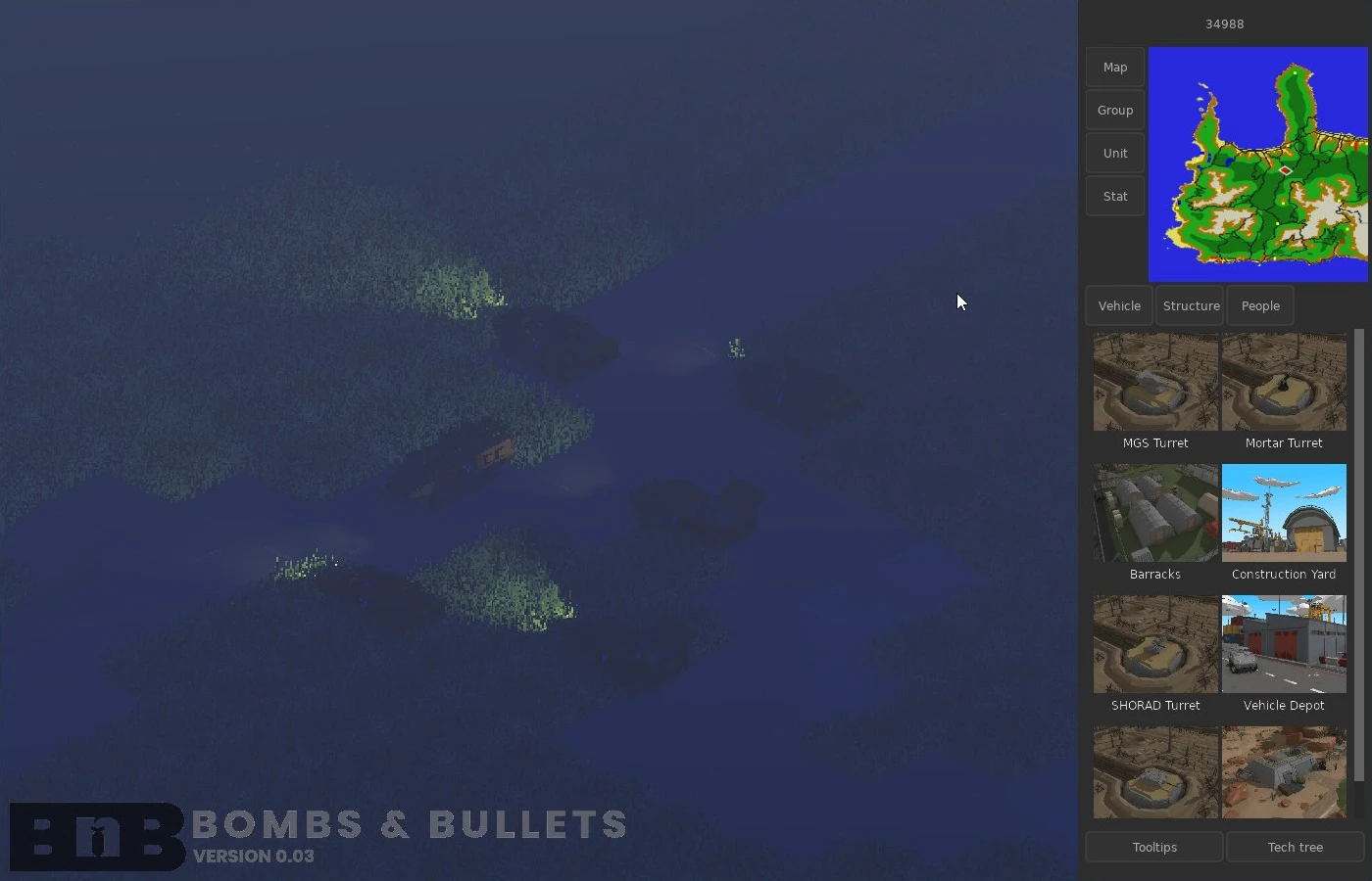 Zrzut ekranu z gry Bombs and Bullets, fanowskiej gry do Command & Conquer: Generals, pokazujący ciemną mapę z różnymi strukturami.