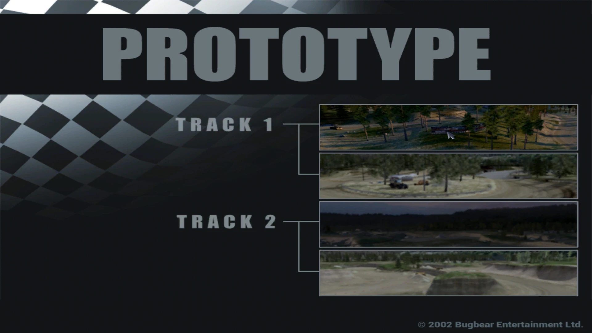 Ekran prototypu pokazujący dwa tory z podglądami z dema Bugbear Retro 2002 do gry FlatOut