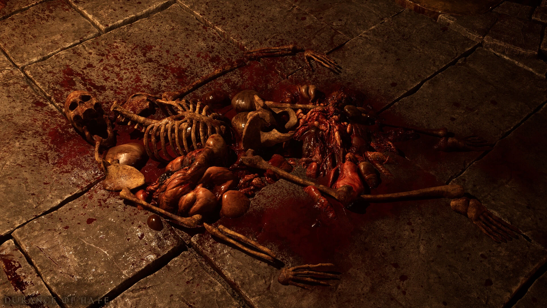 Szczegółowy szkielet i organy na kamiennej, zakrwawionej podłodze, odtworzone w Unreal Engine dla moda fanów Diablo II.