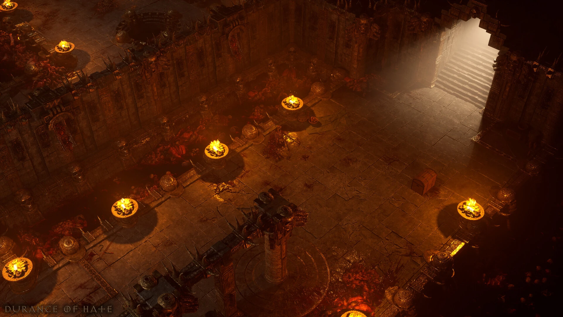 Ciemny, klimatyczny korytarz z Durance of Hate, odtworzony za pomocą Unreal Engine.