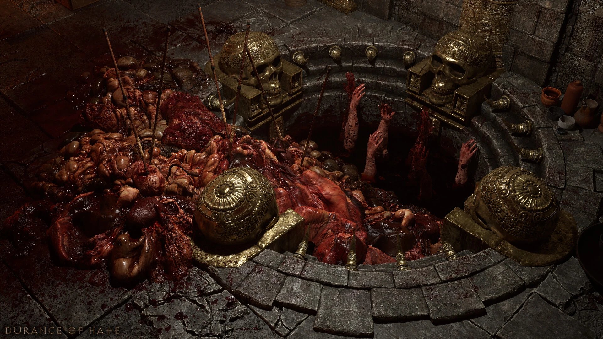 Nowa interpretacja sceny z Durance of Hate z Diablo II z ozdobionymi czaszkami i studnią z ciałami, stworzona w Unreal Engine.