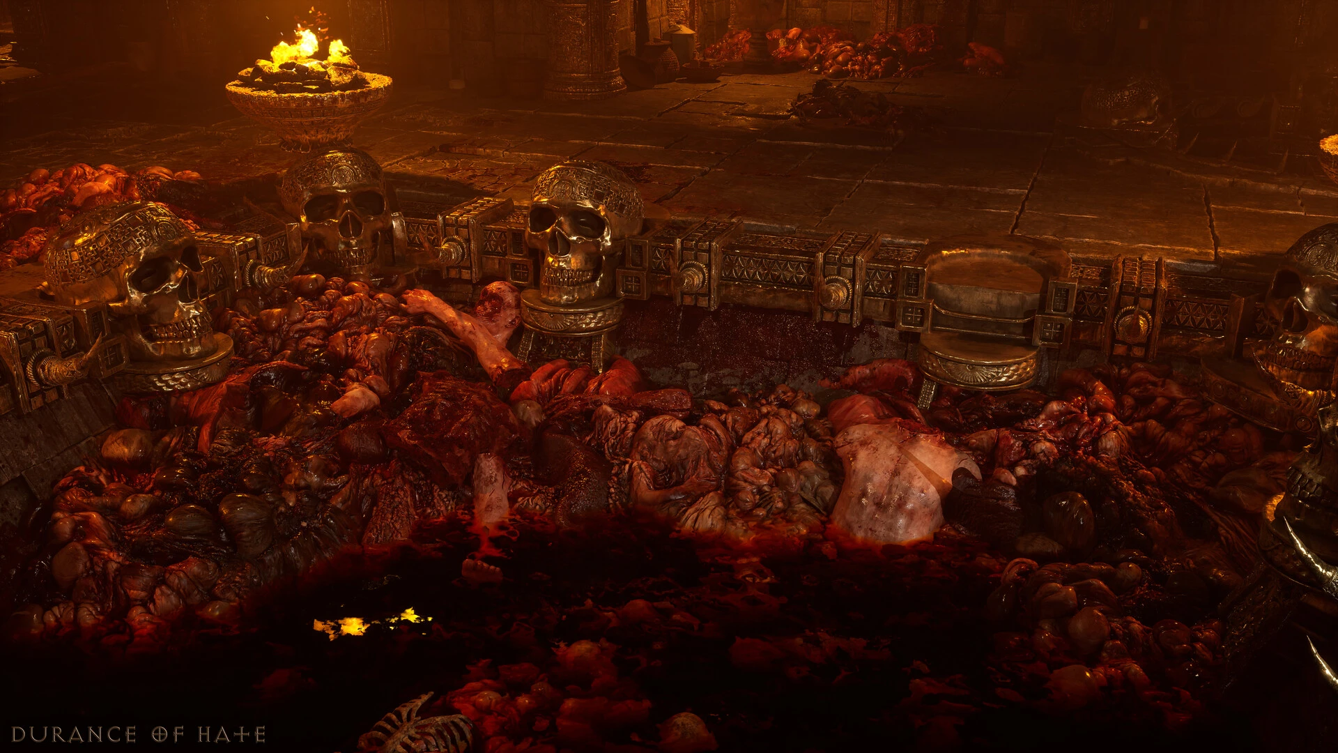 Szczegółowy remake Więzienia nienawiści z Diablo II z czaszkami i krwią w Unreal Engine.