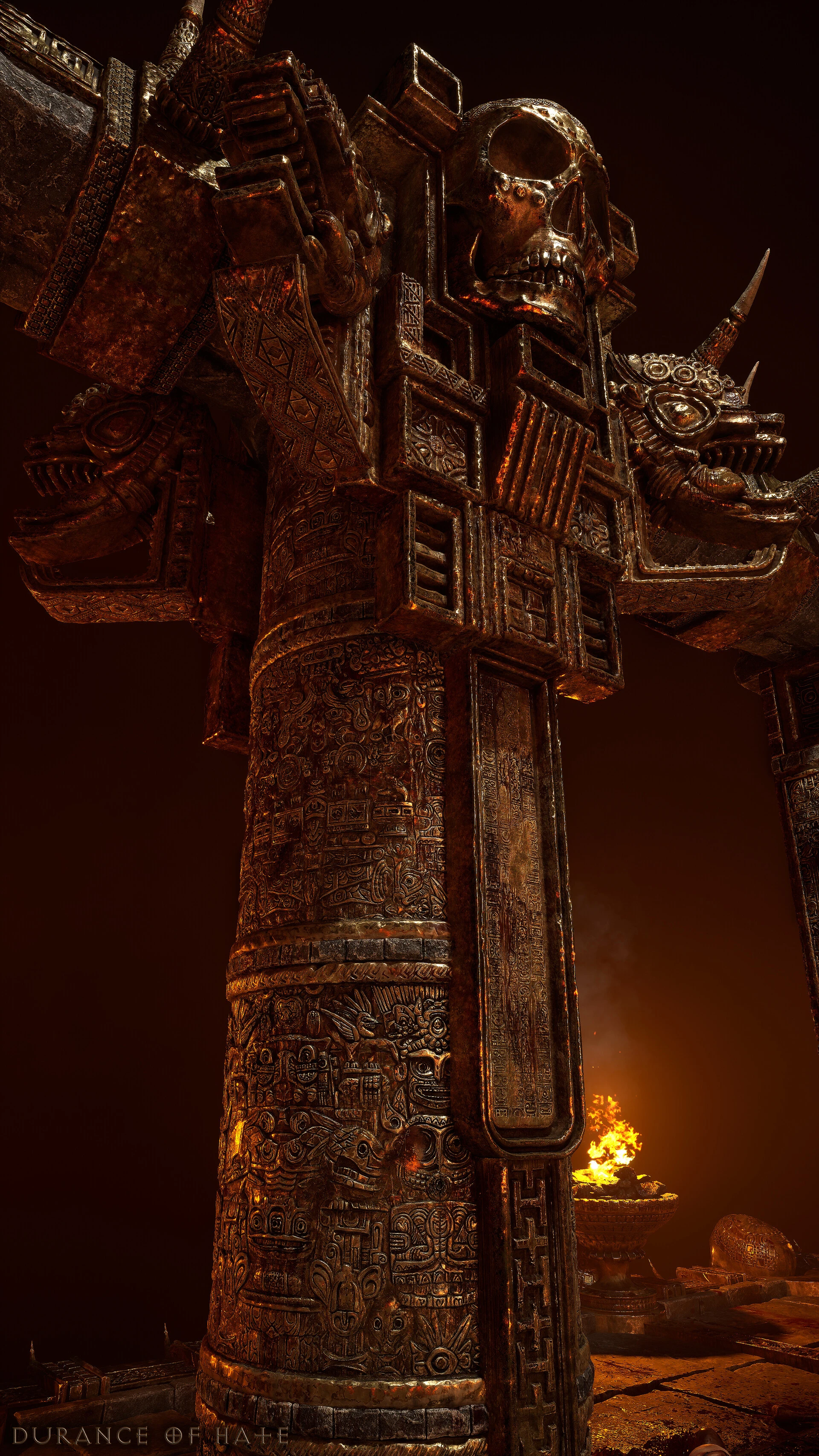 Ozdobny filar z czaszką w Durance of Hate w Unreal Engine.