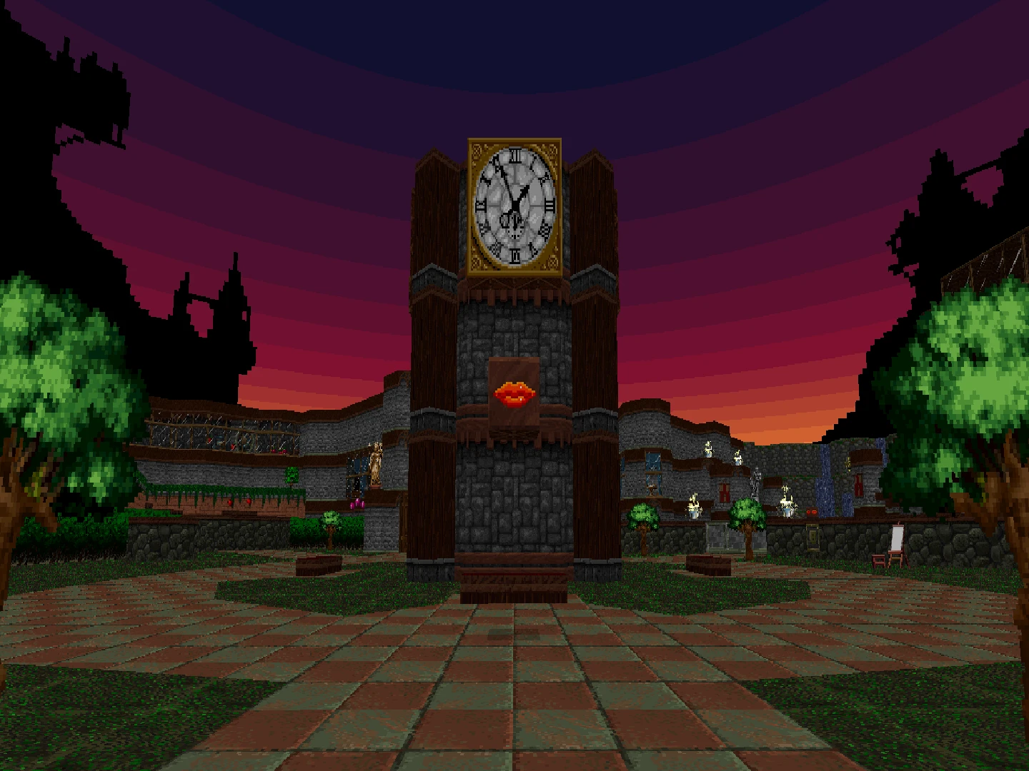 Pixel art castle courtyard showcasing a clock tower with a cracked clock face at sunset in Goosebumps fan game