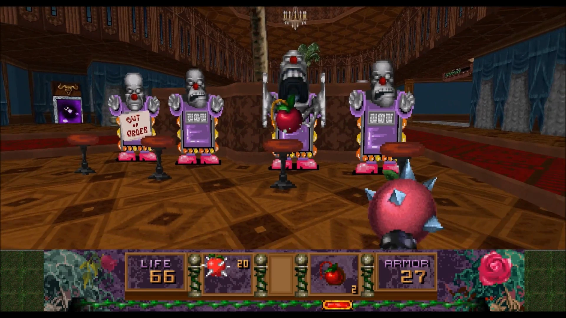 Player holds a spiked weapon facing robot enemies inside a grand room with wooden floor and chandeliers