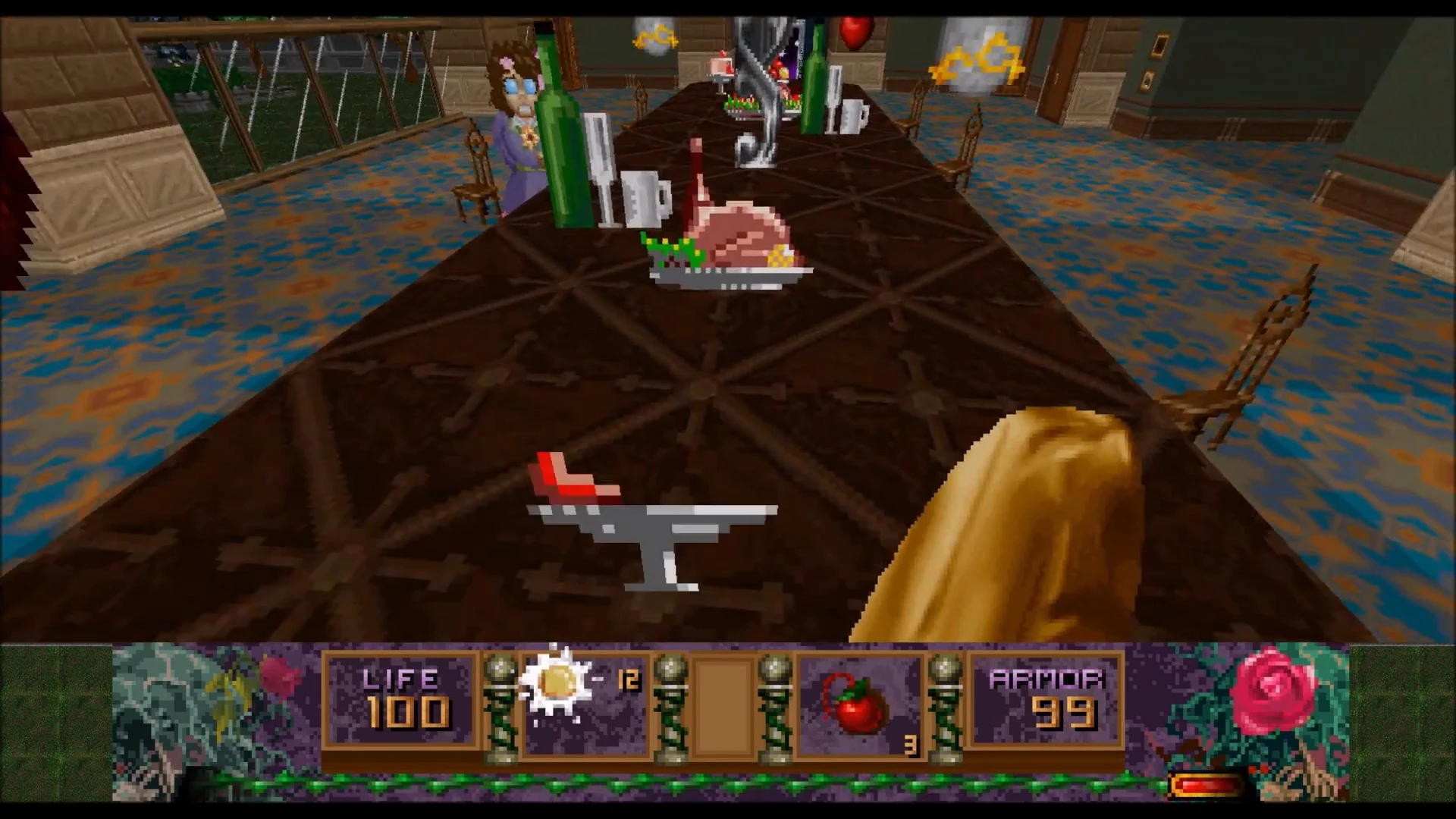 First-person view of a dining table with pixelated food and bottles in Goosebumps Attack of the Mutant fan game