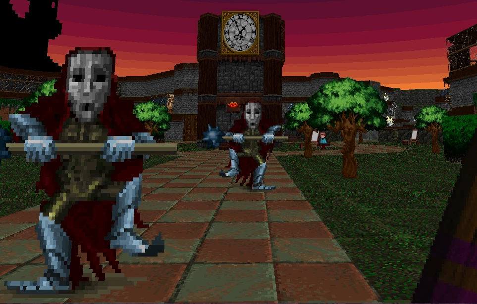 Pixelated courtyard scene at sunset with armored mutant enemies approaching in Goosebumps Attack of the Mutant