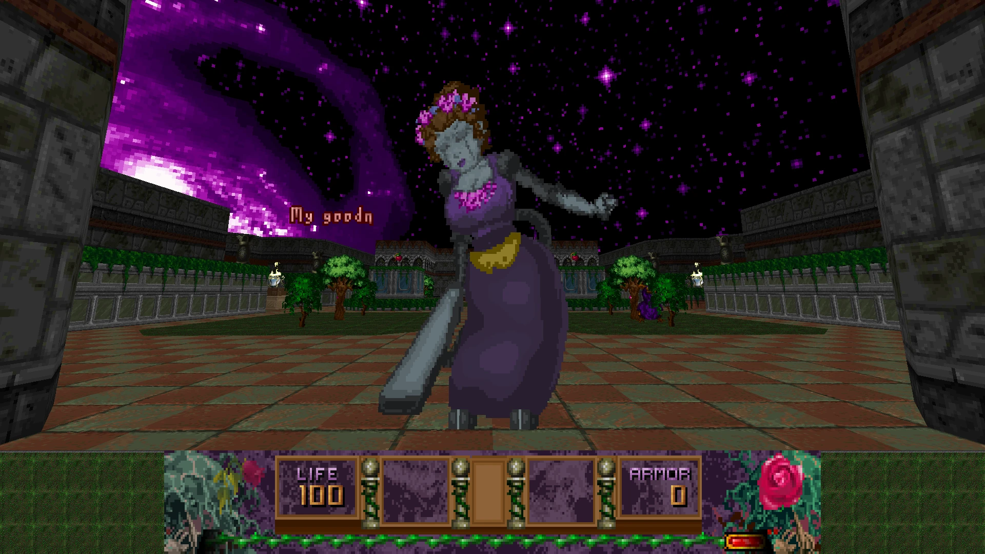 Pixelated female mutant enemy in purple dress attacks in an alien starry environment of Goosebumps fan game