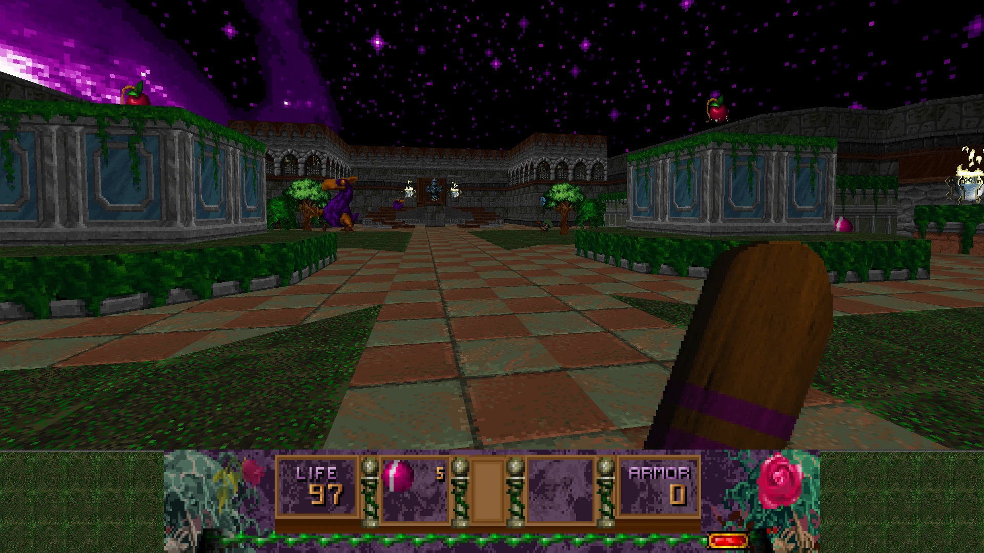 First-person view of a tiled courtyard with eerie purple sky and game HUD showing life and armor stats