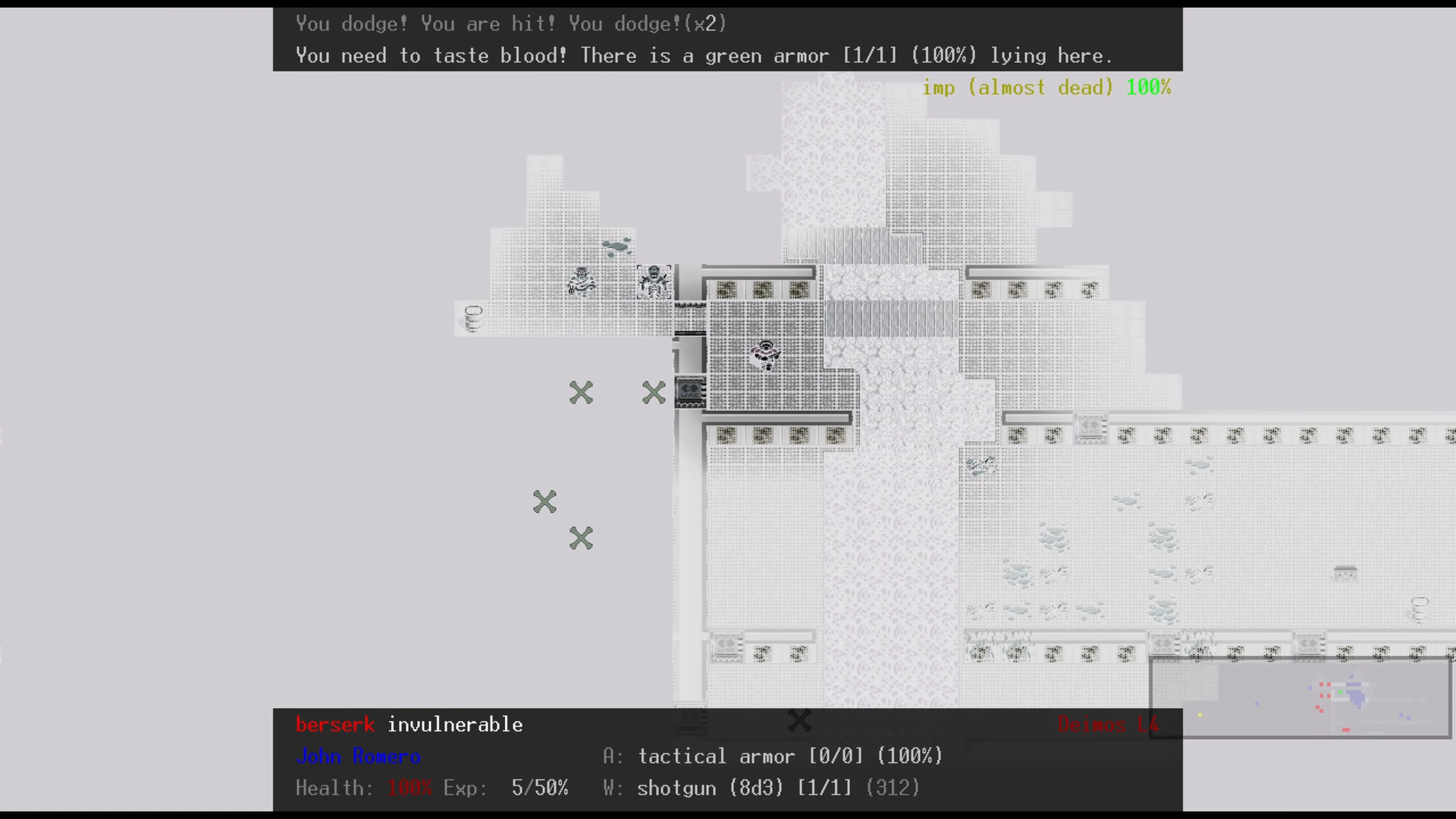 Top-down pixel art view of DoomRL game displaying player health, armor, and combat text against an imp enemy