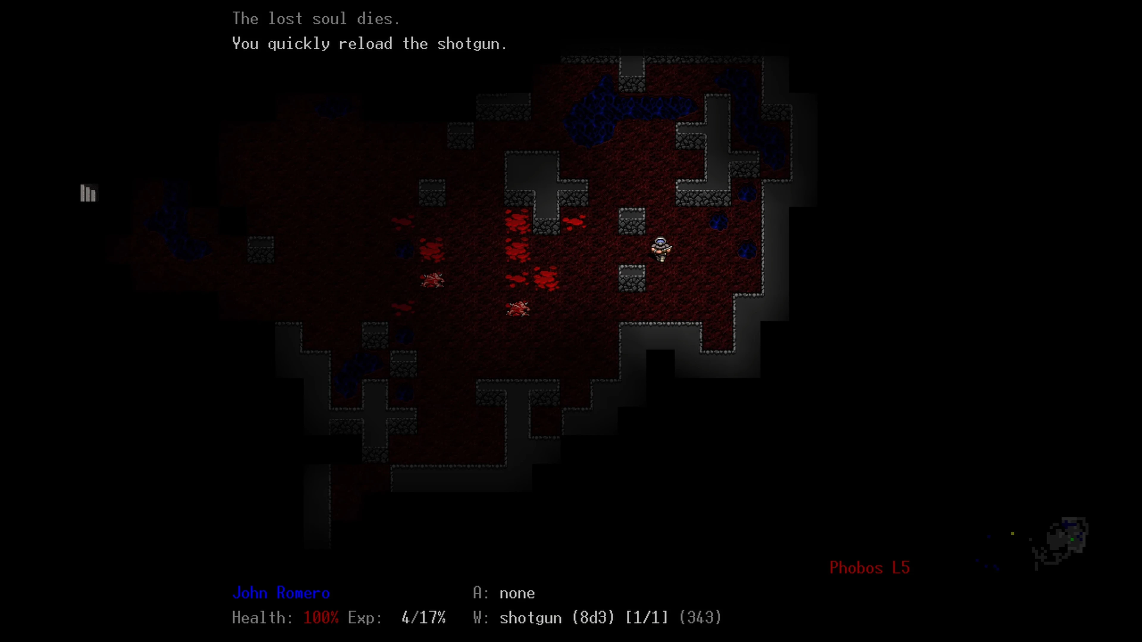 DoomRL gameplay showing player character in cave reloading shotgun with blood stains and enemy corpses