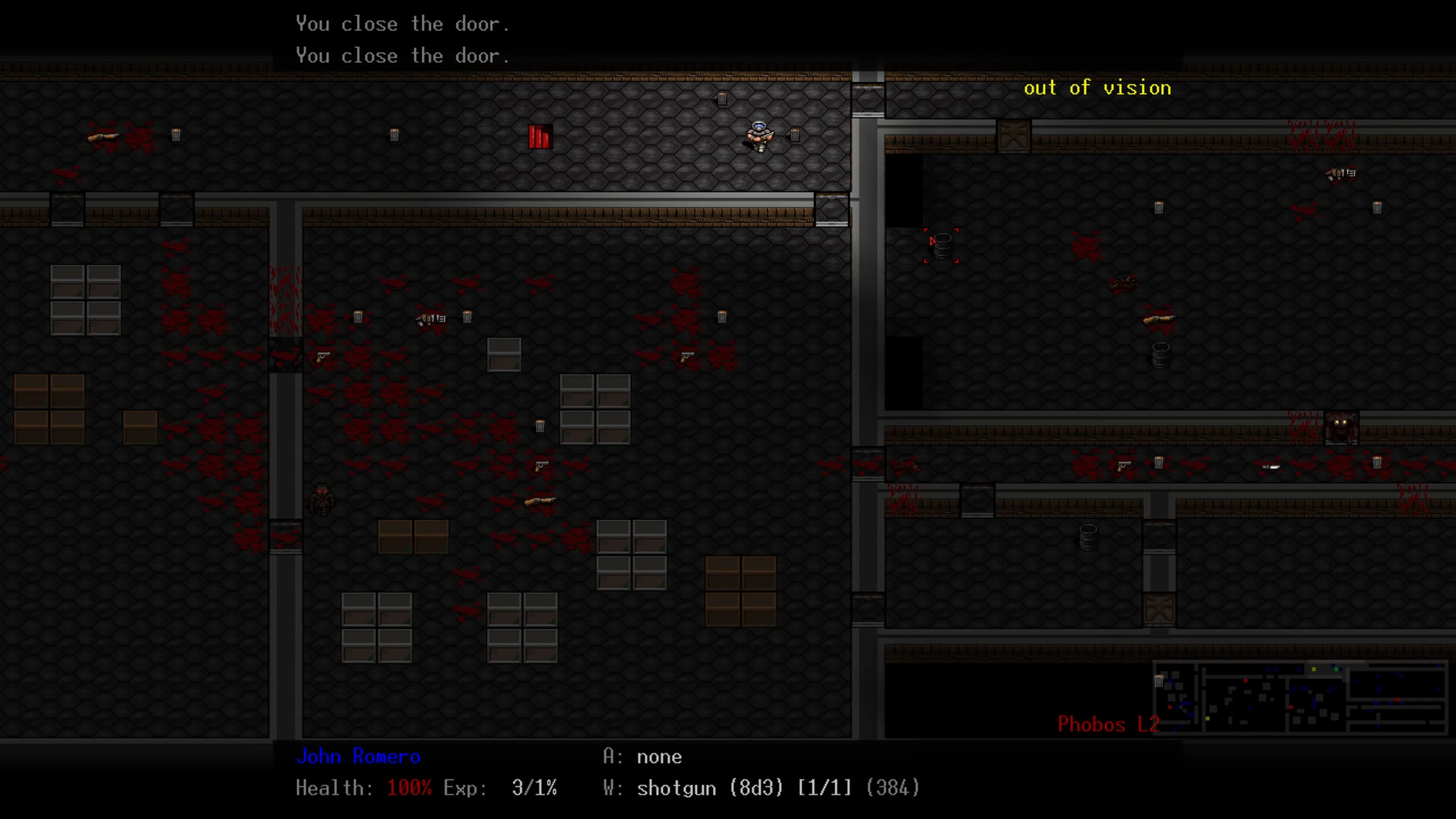 Top-down view of DoomRL gameplay showing a player in a dark dungeon with weapons and blood stains