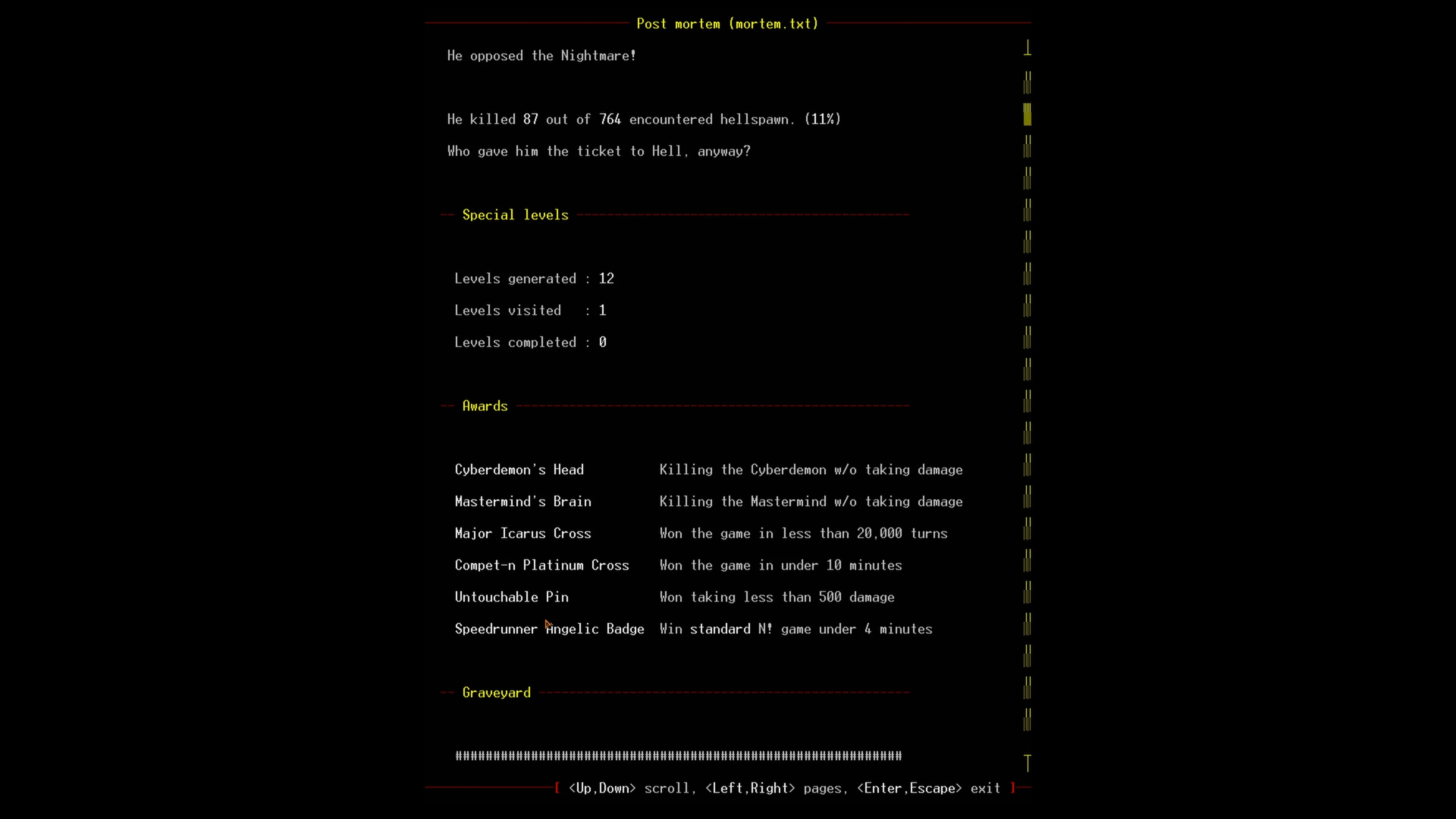 Text-based post-mortem summary from DoomRL showing kill stats, special levels, awards, and controls