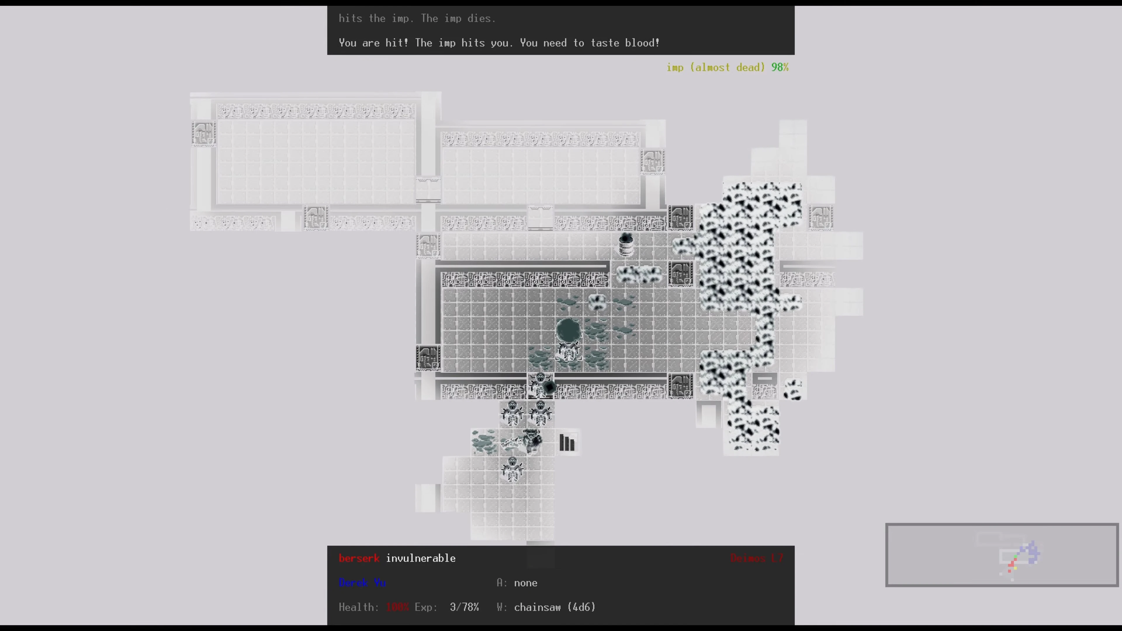 Top-down view of a tactical fight in Doom The Roguelike showing a grid map with player, imps, health and weapon stats