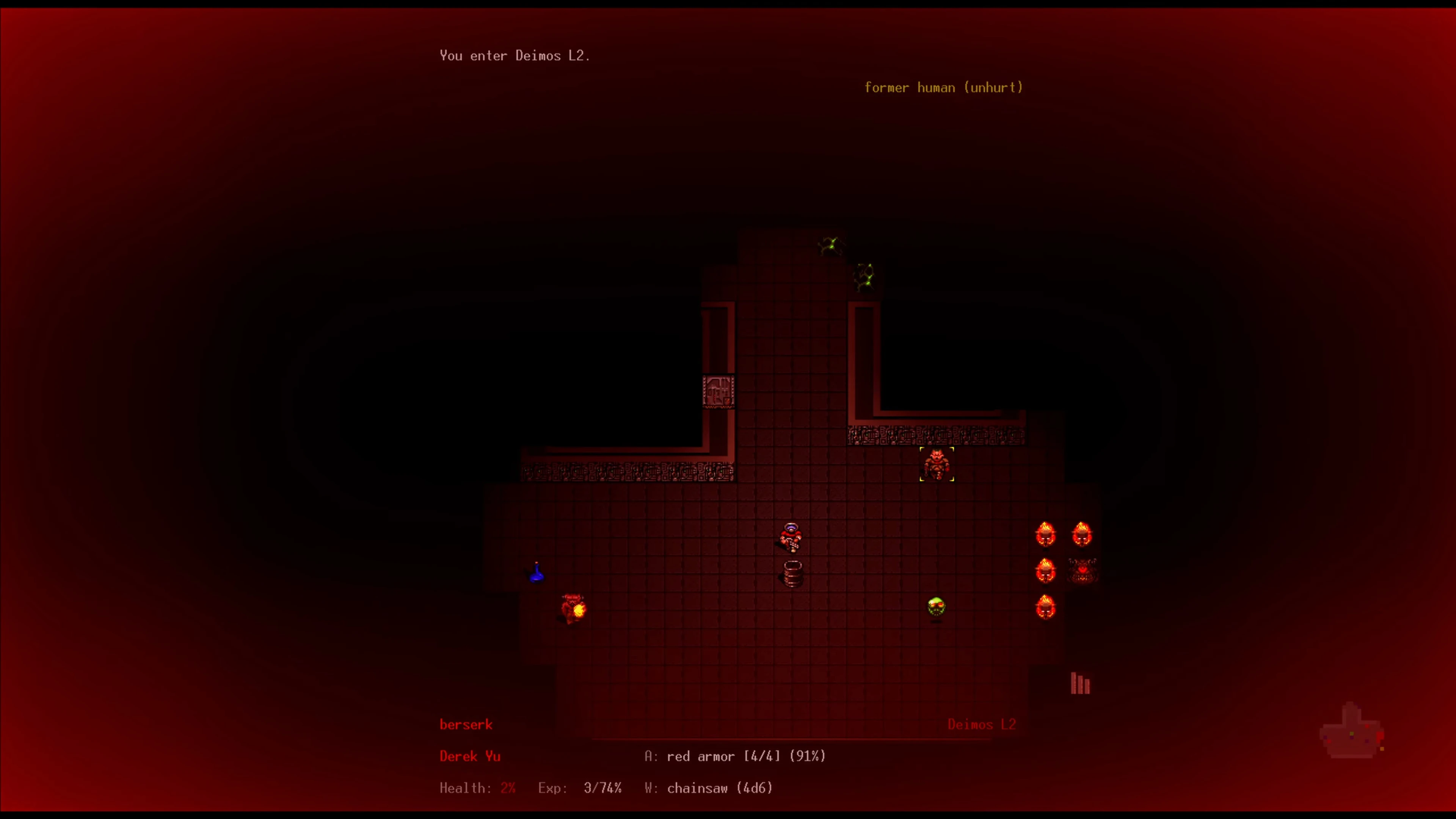 Top-down view of DoomRL showing a character in red armor entering Deimos L2 with enemies and items around