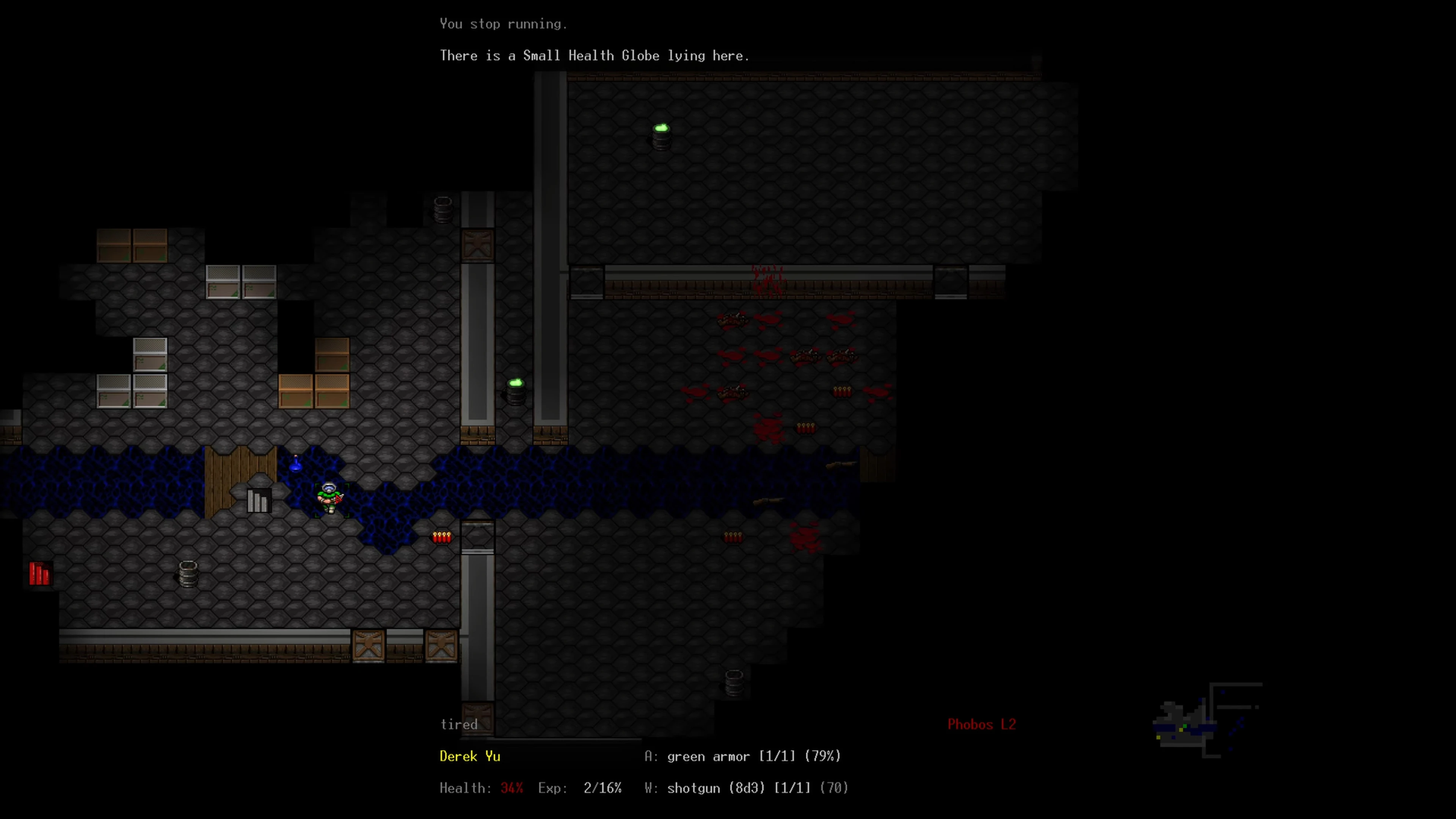 DoomRL gameplay showing character near water and bloodstains with health and ammo info on screen