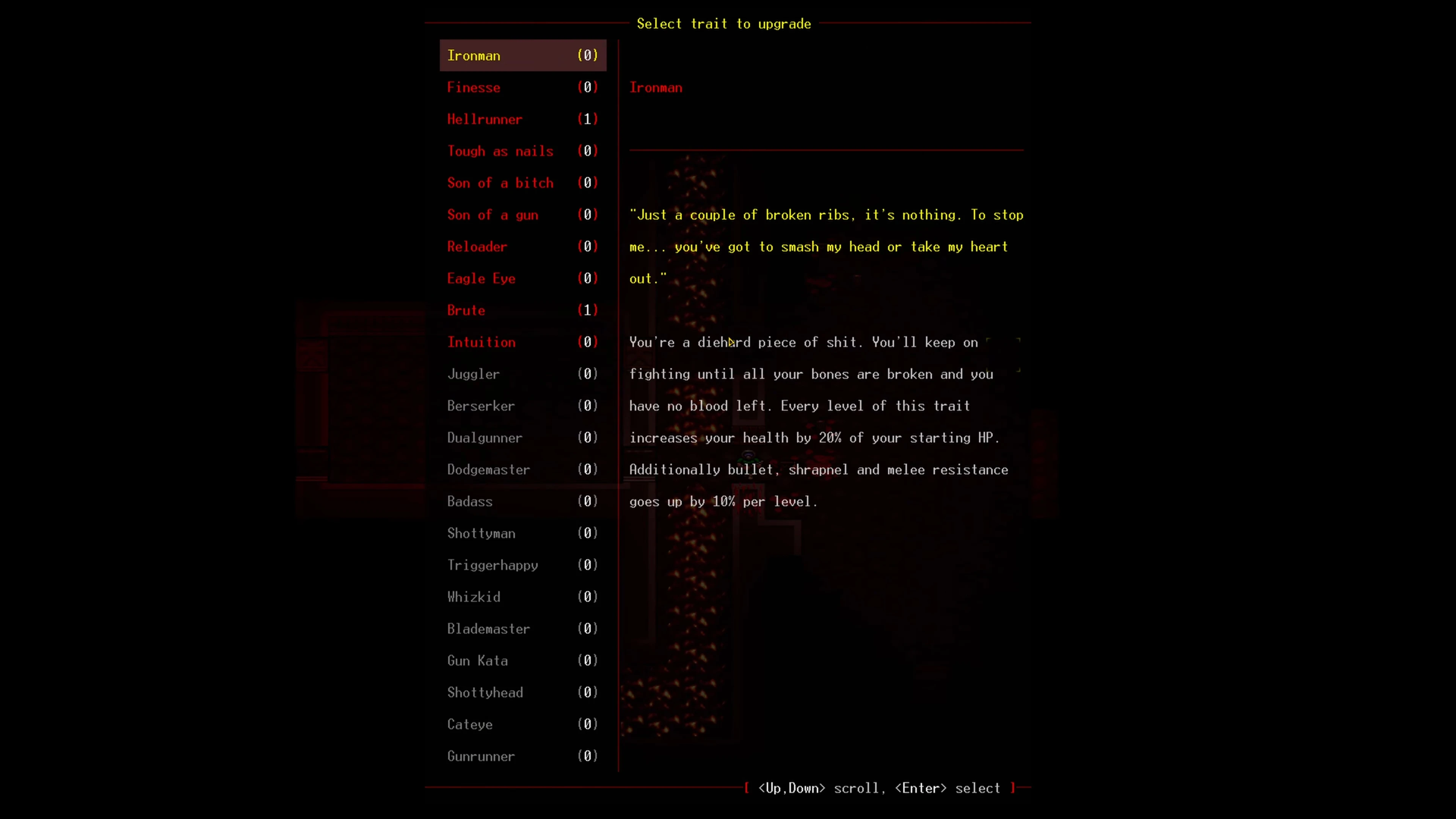 DoomRL traits upgrade menu showing selectable traits like Ironman with descriptions and point values