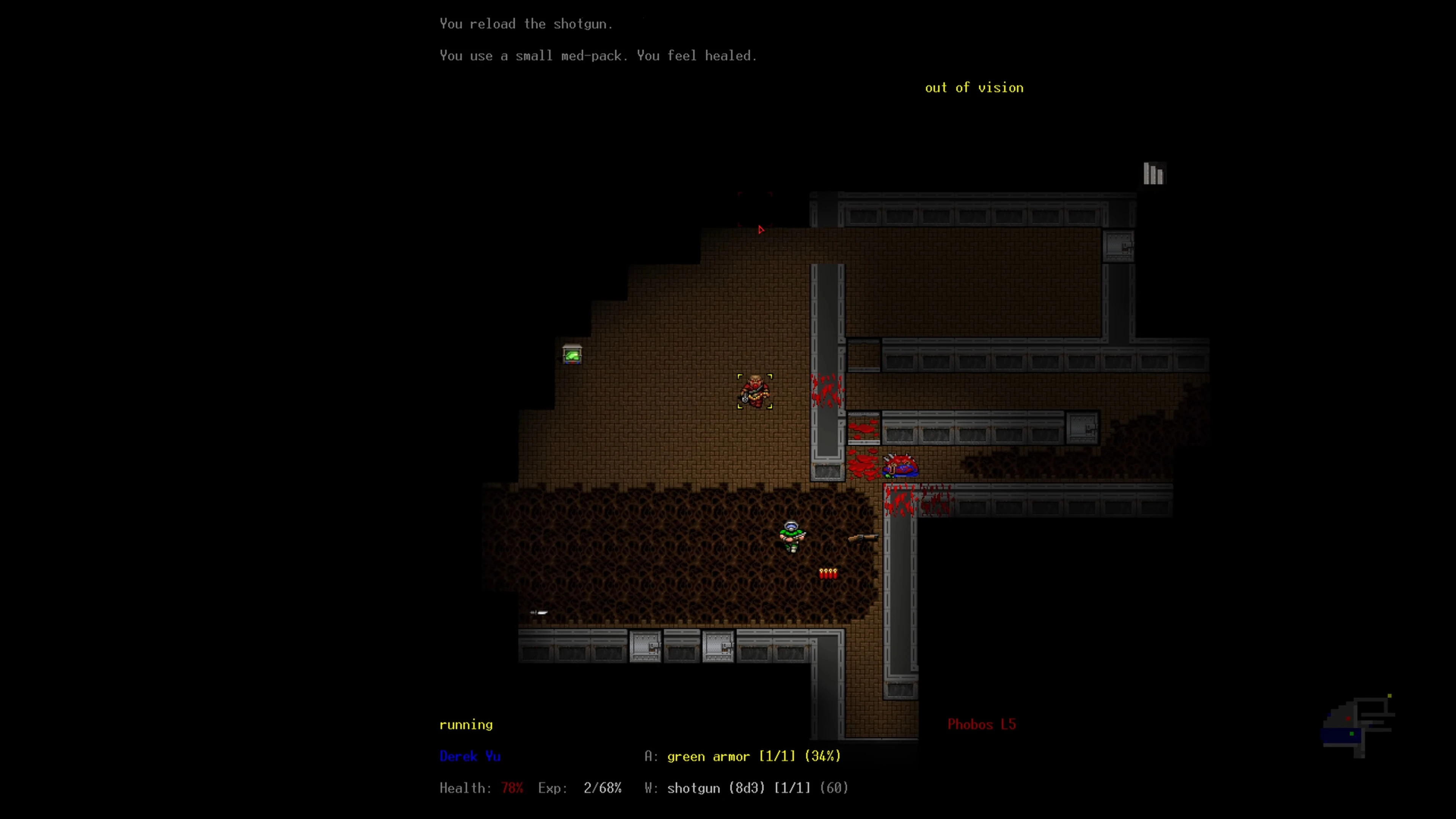 Screenshot from DoomRL fan game showing top-down gameplay with player using med-pack and shotgun reloading