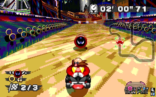 Dr. Robotnik ściga się na karcie na kolorowym torze z pierścieniami i przeciwnikami w Sonic Robo Blast