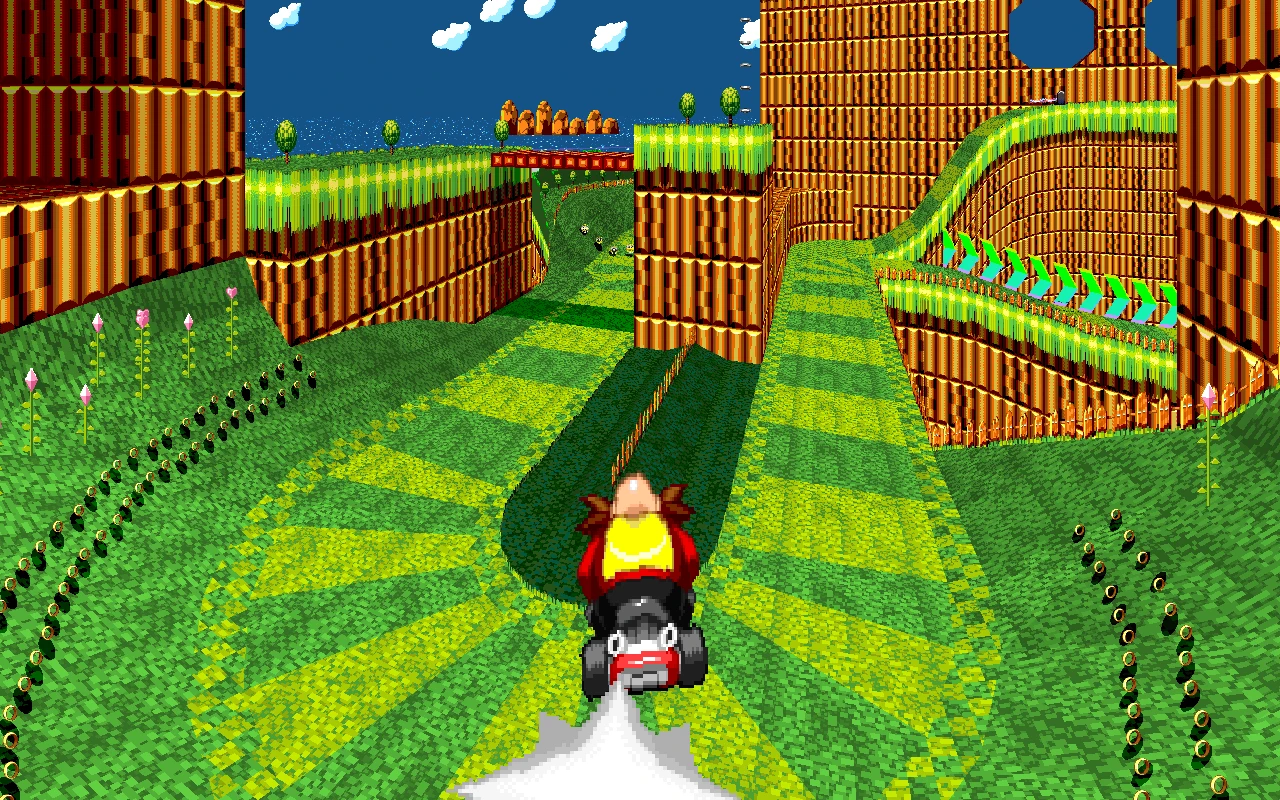 Dr. Robotnik ściga się w gokarcie po zielono-żółtym torze w Sonic Robo Blast