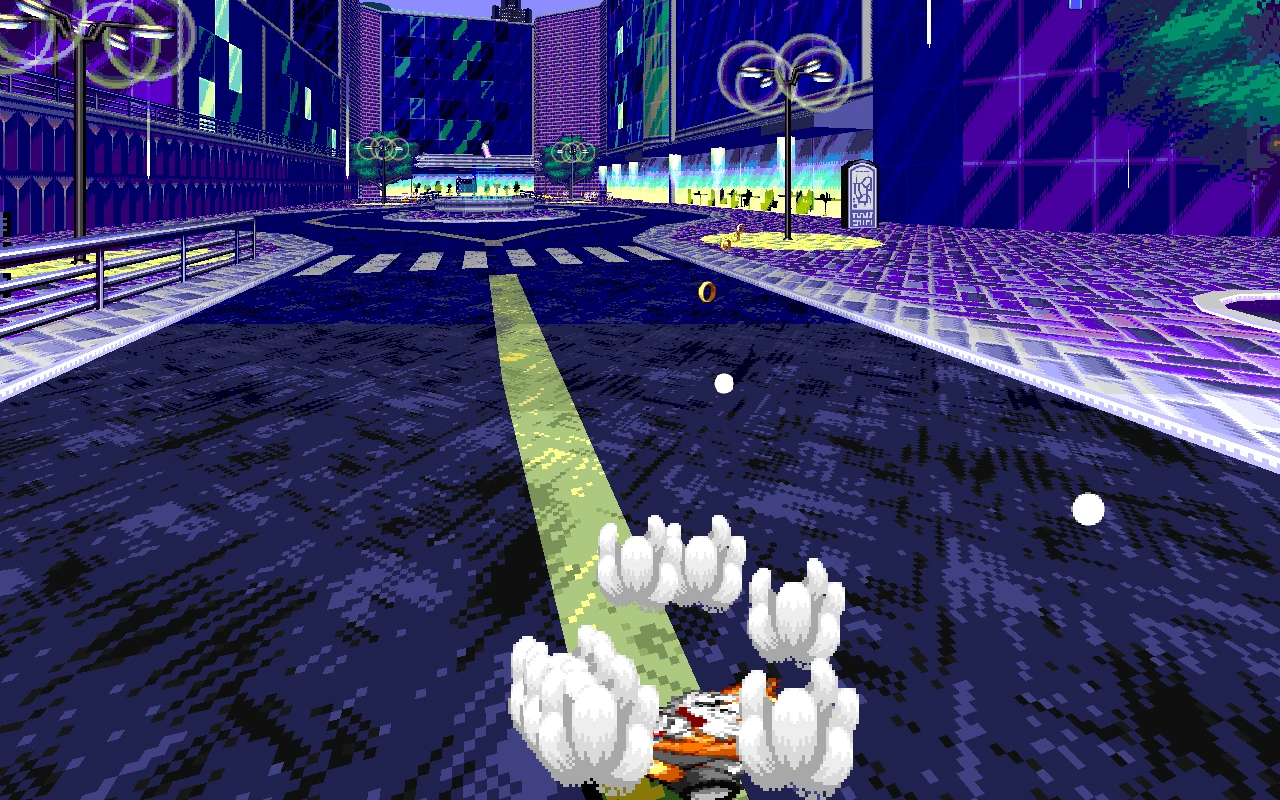 Zrzut ekranu wyścigu retro 3D na miejskiej ulicy w modzie Dr. Robotnik's Ring Racers do Sonic Robo Blast