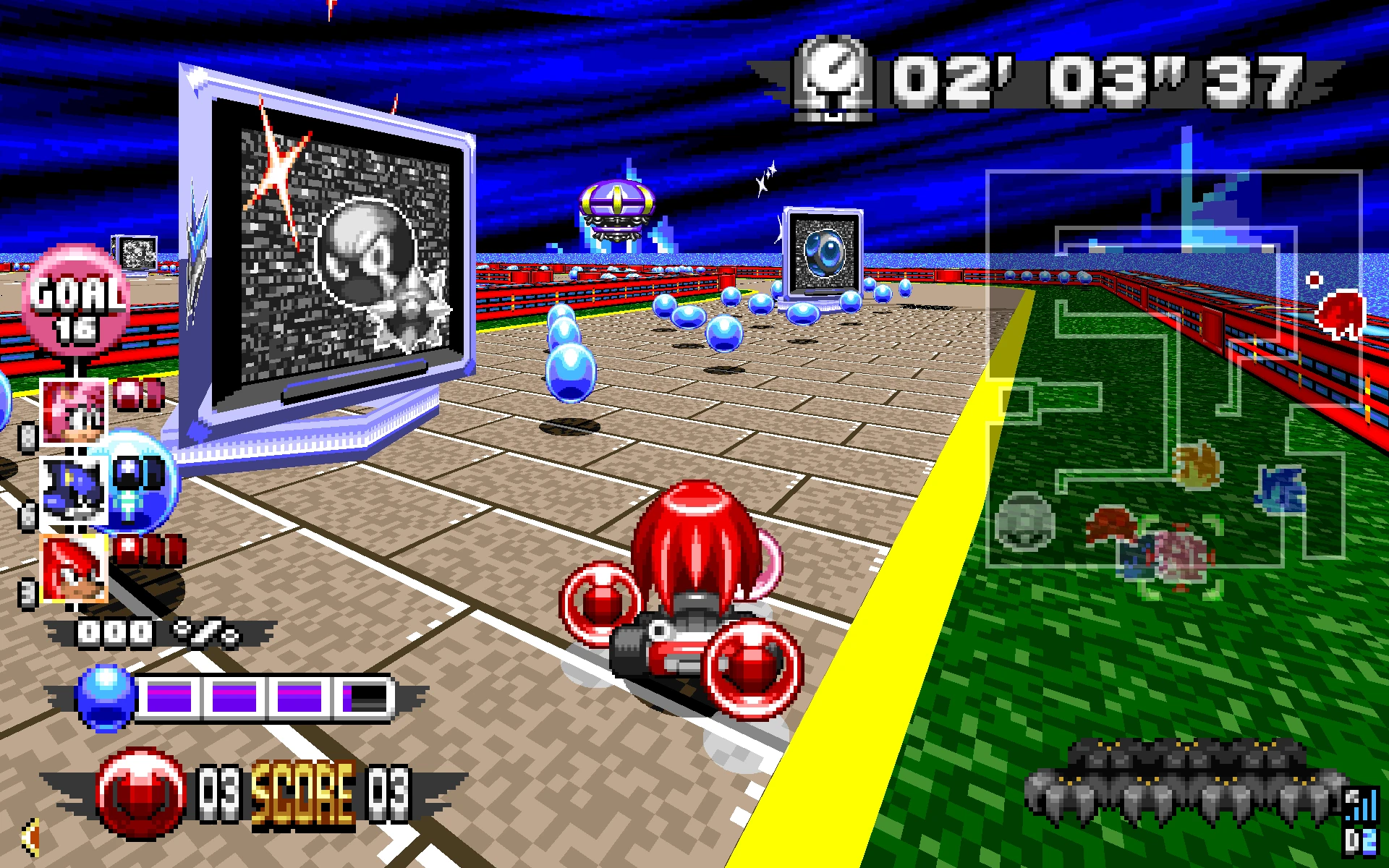 Knuckles prowadzi czerwony kart zbierając niebieskie pierścienie na jasnym torze wyścigowym w modzie Sonic Robo Blast