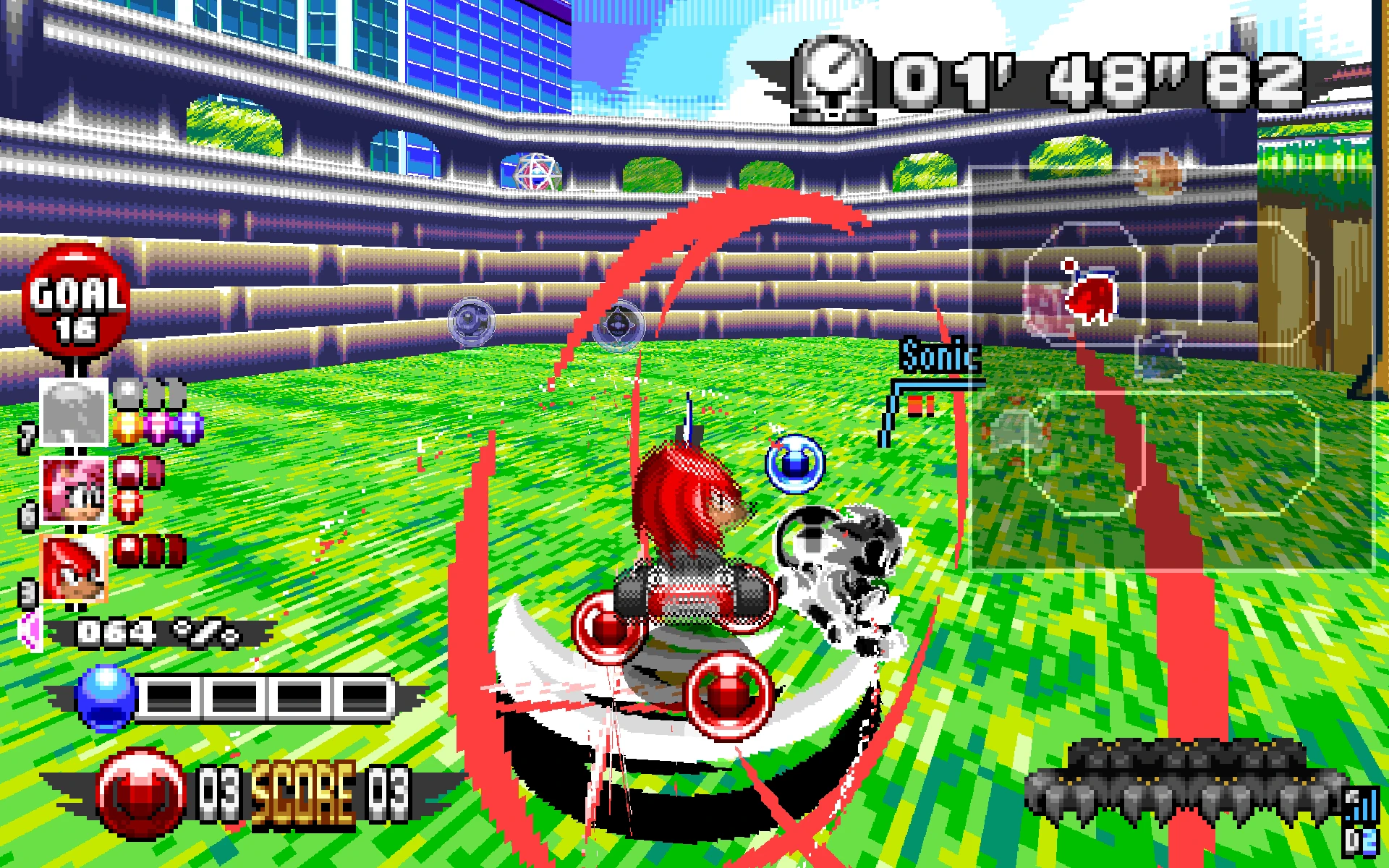 Zrzut ekranu z Sonic Robo Blast pokazujący Sonica i Knucklesa ścigających się na zielonej arenie z interfejsem gry